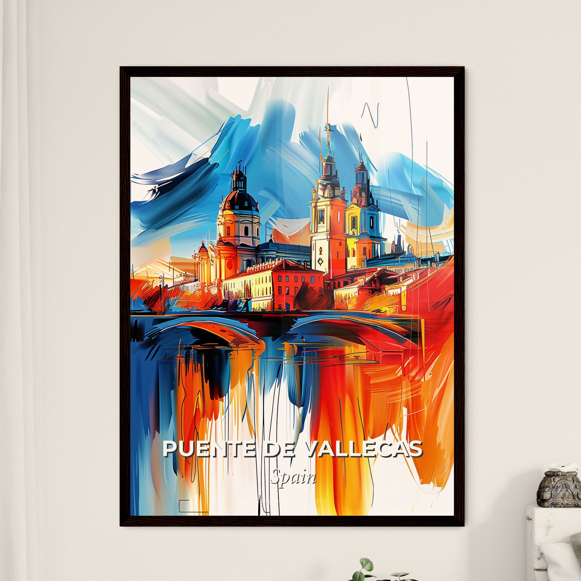 Vibrant Puente De Vallecas, Spain - A Painting Of A City With A Bridge And A Bridge