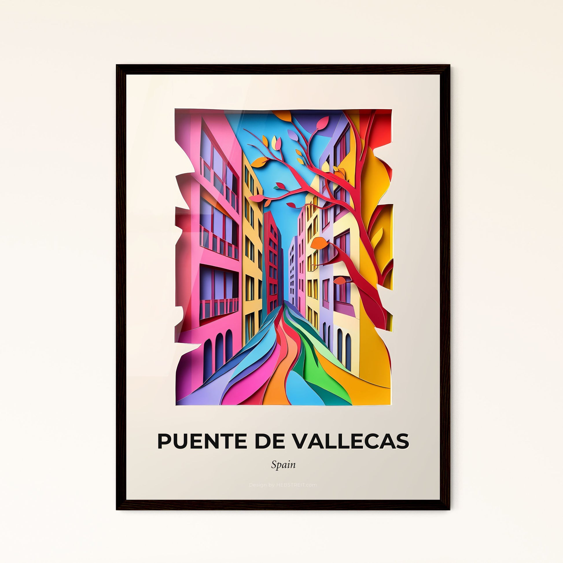 Vivid Puente de Vallecas, Spain - a colorful city street scene with a tree