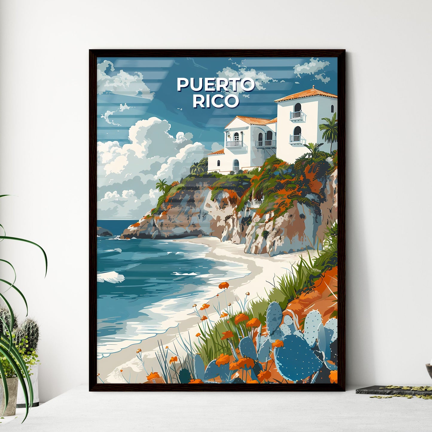Vibrant Painting of House on Ocean Cliff in Puerto Rico, North America, Featuring Artistic Focus Framed Art