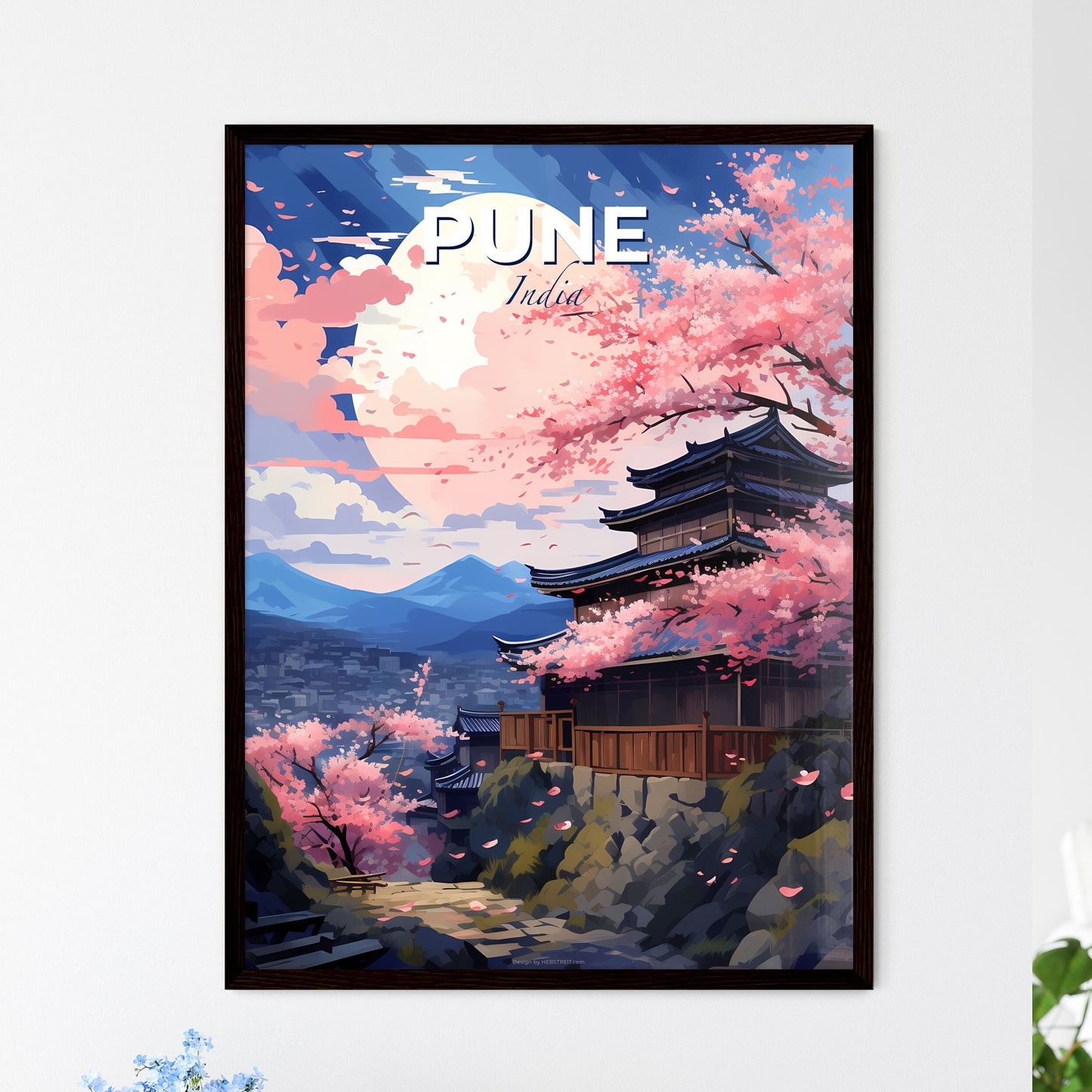 Vibrant Painted Skyline of Pune India featuring a Hilltop Building with Cherry Blossoms Default Title