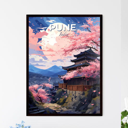 Vibrant Painted Skyline of Pune India featuring a Hilltop Building with Cherry Blossoms Default Title