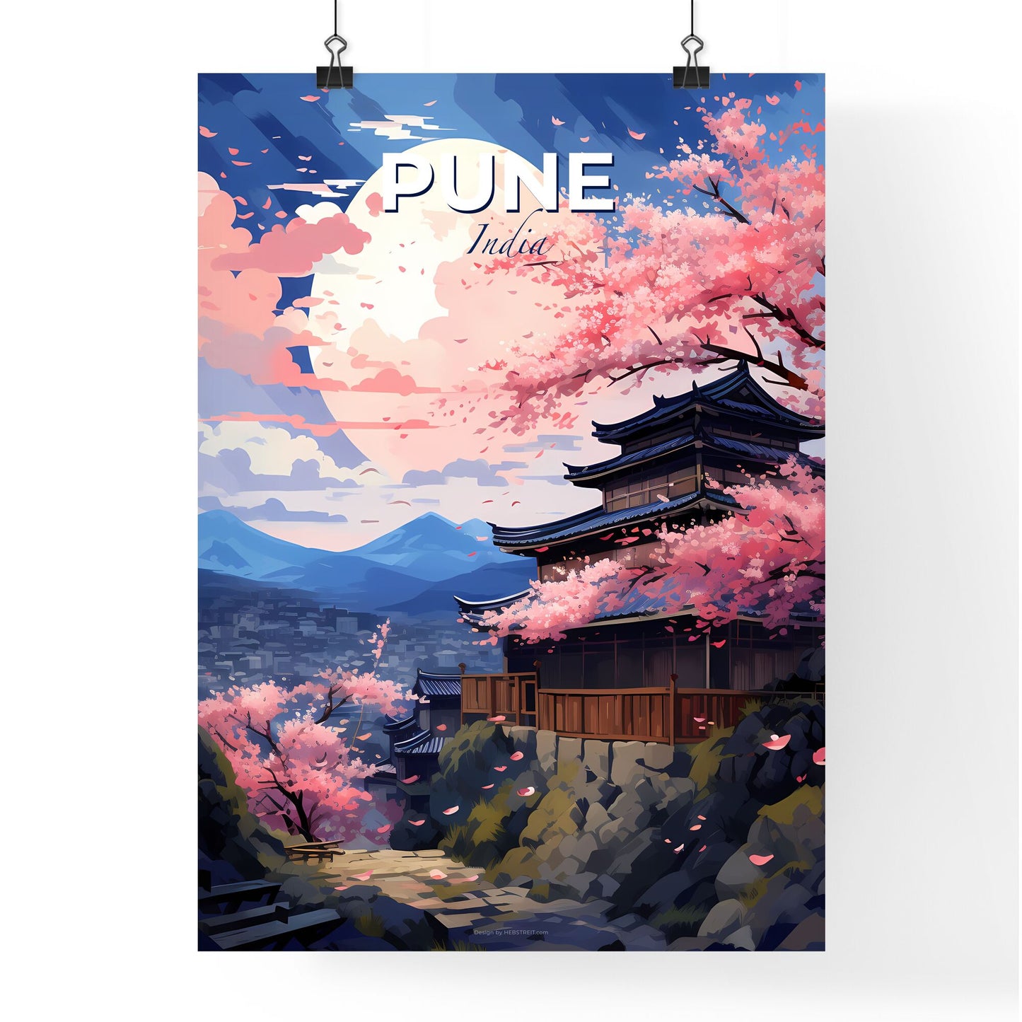 Vibrant Painted Skyline of Pune India featuring a Hilltop Building with Cherry Blossoms Default Title