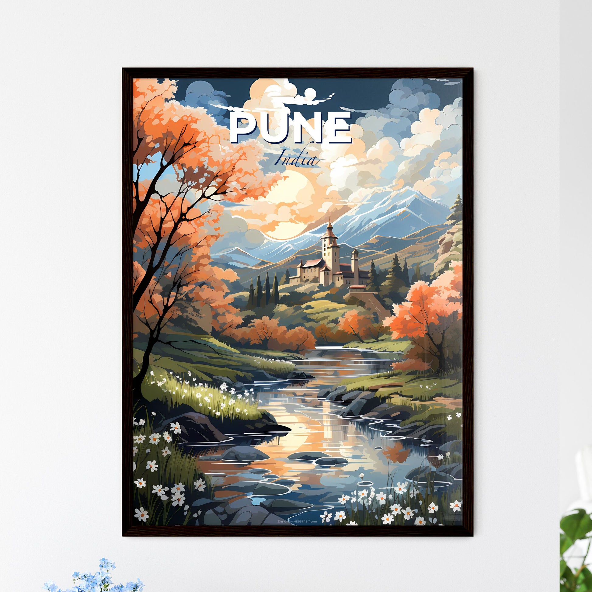 Pune India Skyline - Artistic Cityscape Painting: River, Castle, Mountains, Vibrant Colors, Indian Art Default Title