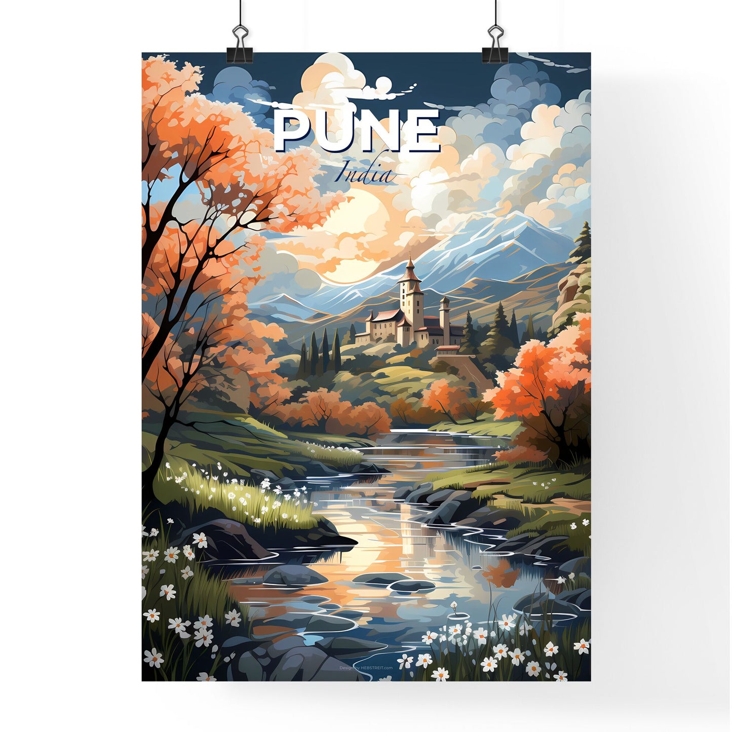 Pune India Skyline - Artistic Cityscape Painting: River, Castle, Mountains, Vibrant Colors, Indian Art Default Title