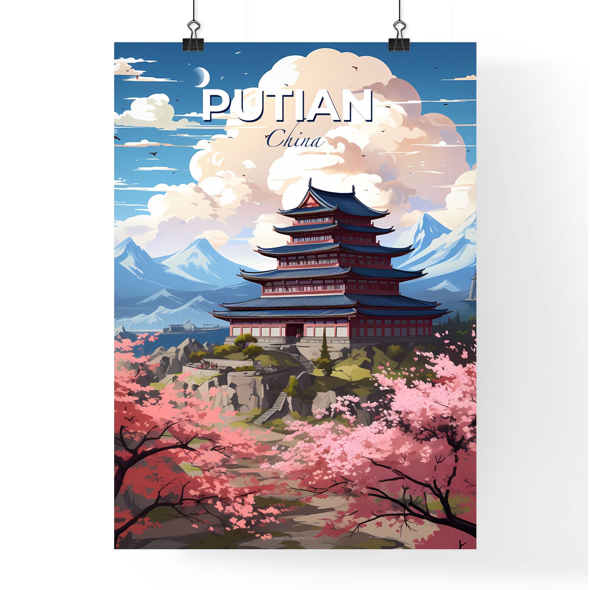 Artistic Skyline of Putian, China: Building on Hilltop Amidst Cherry Blossoms Default Title