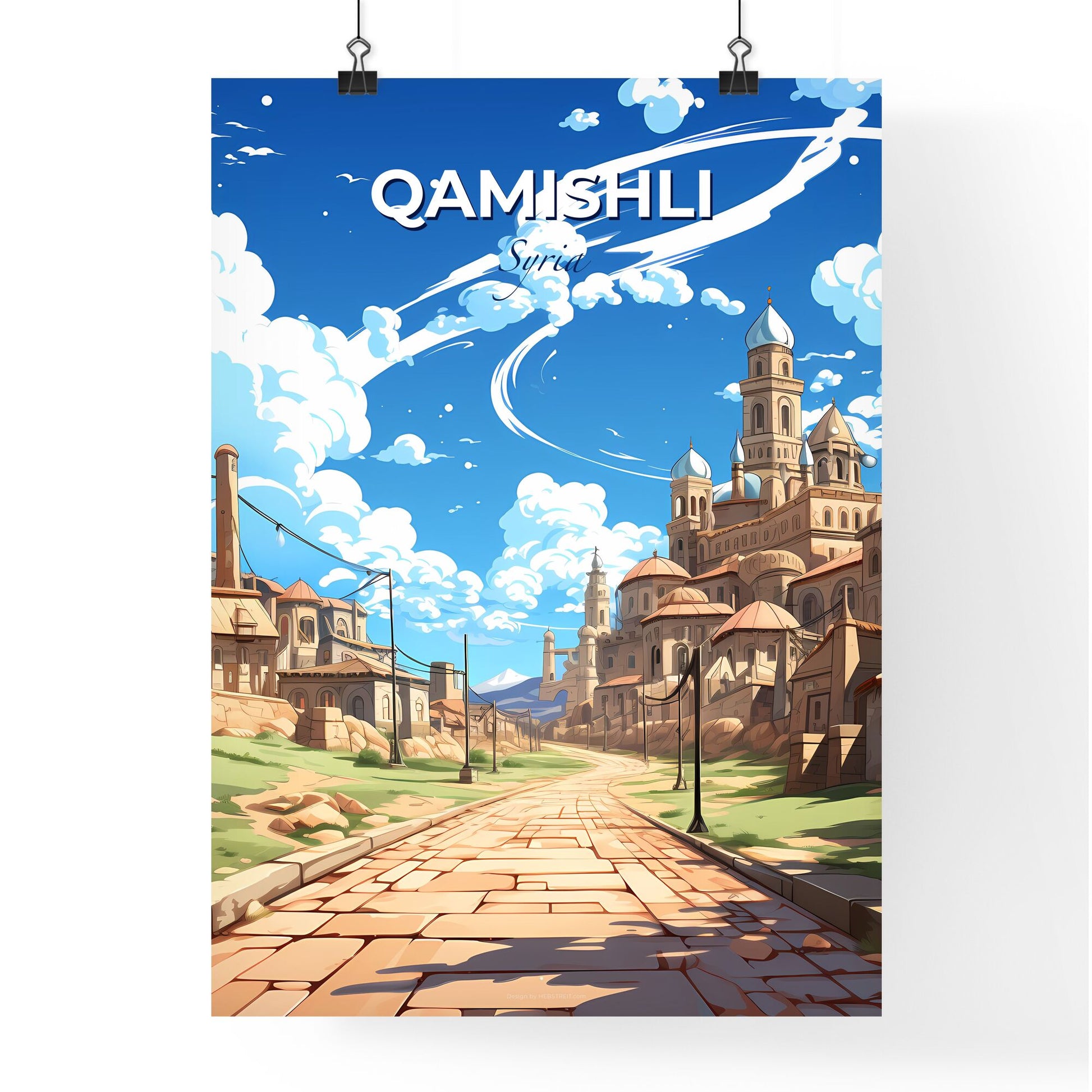 Vibrant Watercolor Painting of Qamishli Skyline Depicting Cityscape and Road Default Title