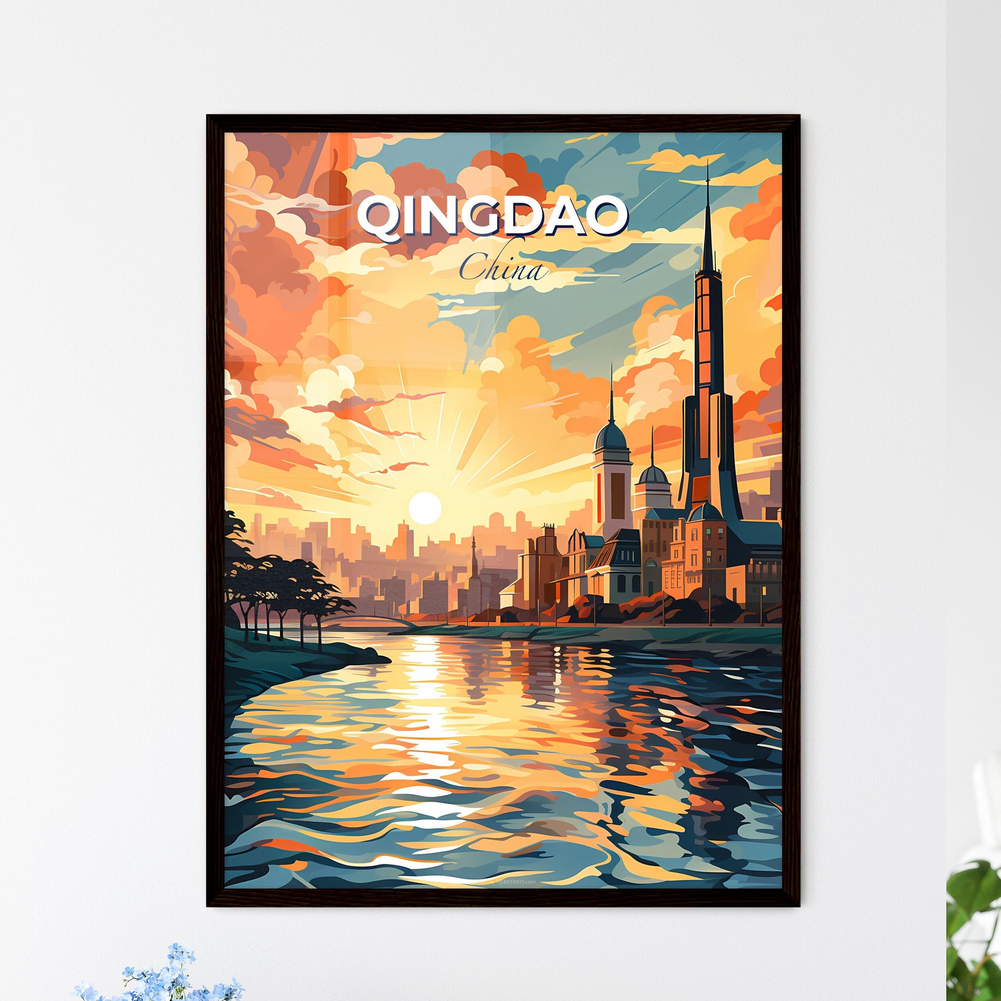 Qingdao China Skyline Art - Color Pastel Cityscape with High-Rise Tower by River Default Title