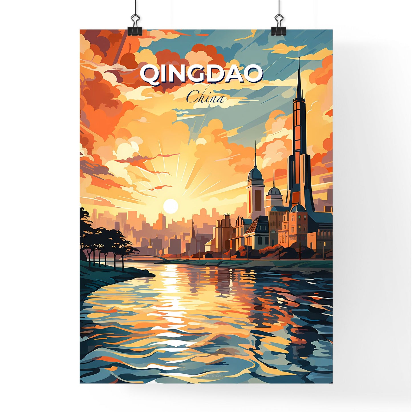 Qingdao China Skyline Art - Color Pastel Cityscape with High-Rise Tower by River Default Title