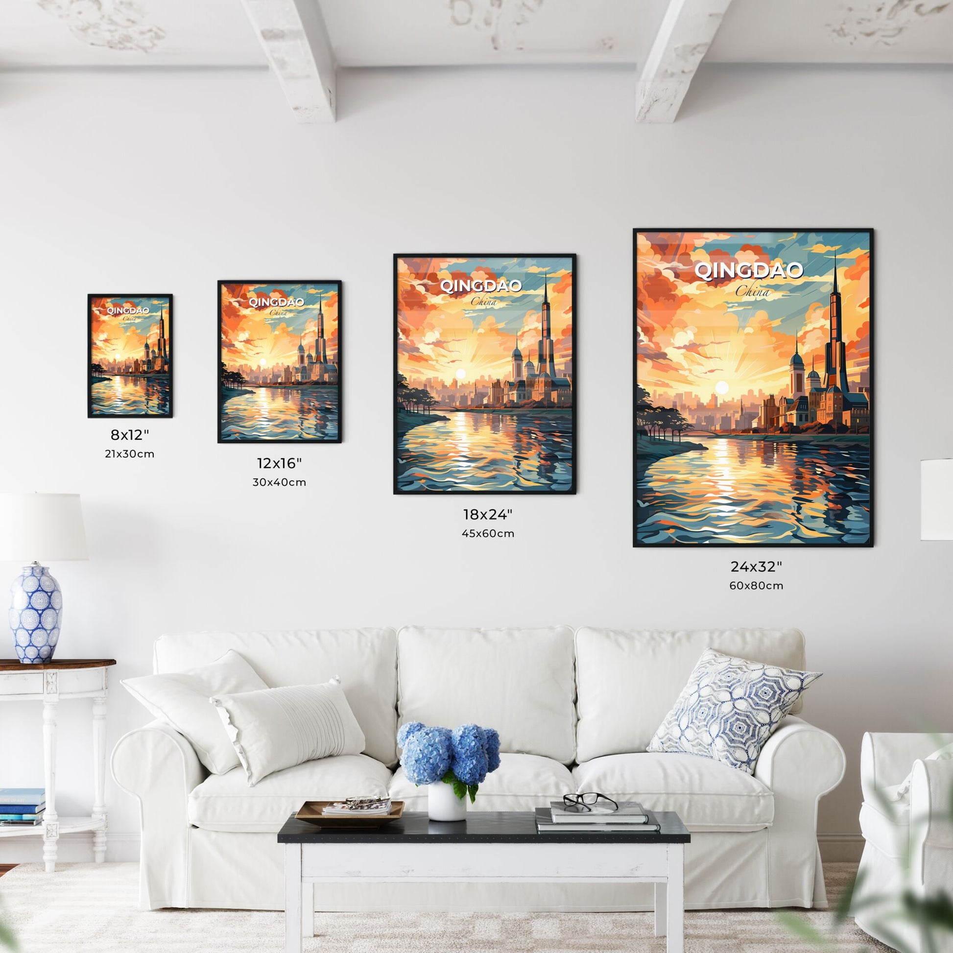 Qingdao China Skyline Art - Color Pastel Cityscape with High-Rise Tower by River Default Title