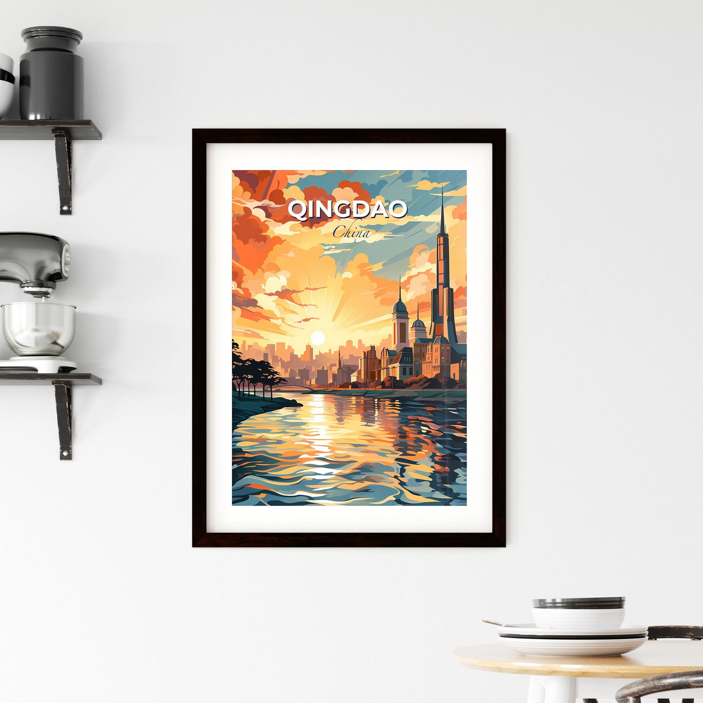 Qingdao China Skyline Art - Color Pastel Cityscape with High-Rise Tower by River Default Title