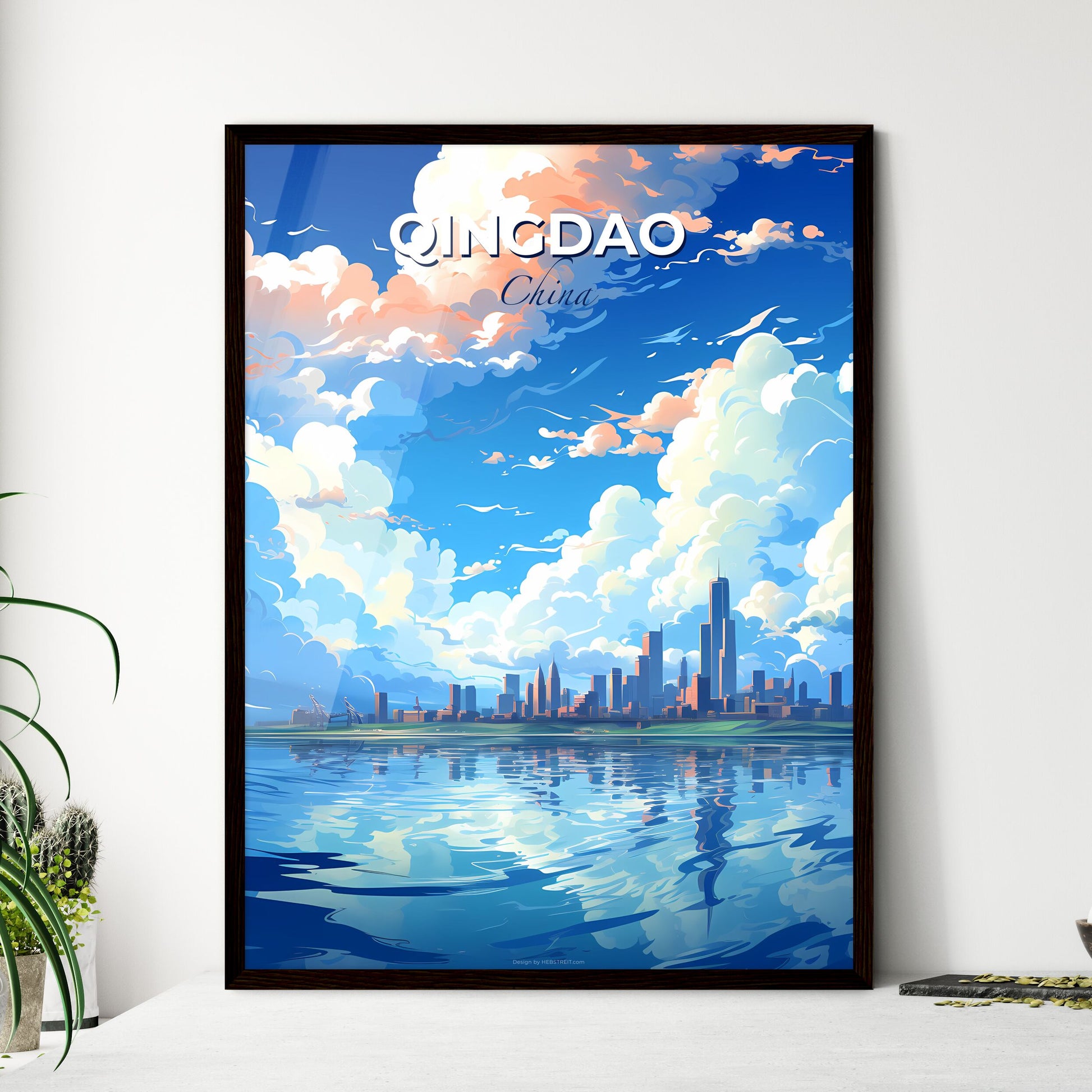 Vibrant Qingdao City Skyline Painting with Clouds and Sea Default Title