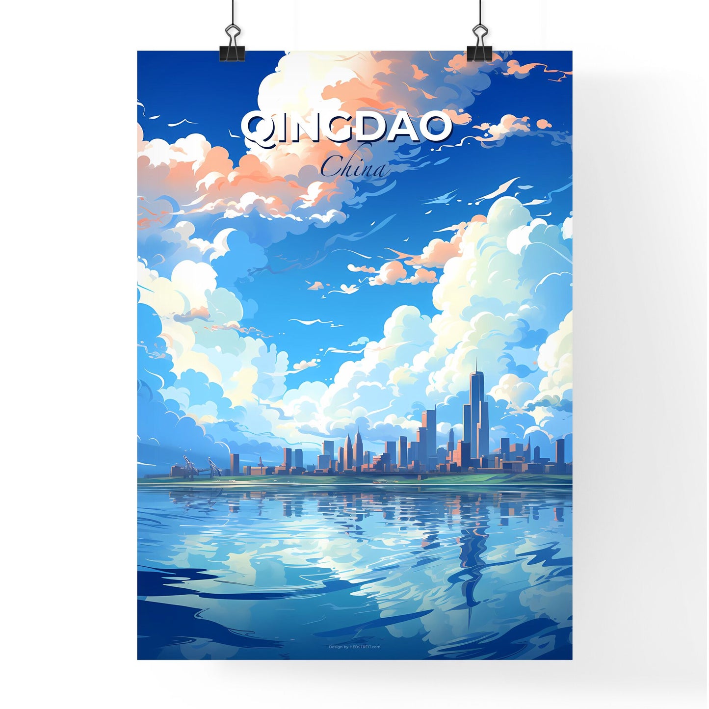 Vibrant Qingdao City Skyline Painting with Clouds and Sea Default Title