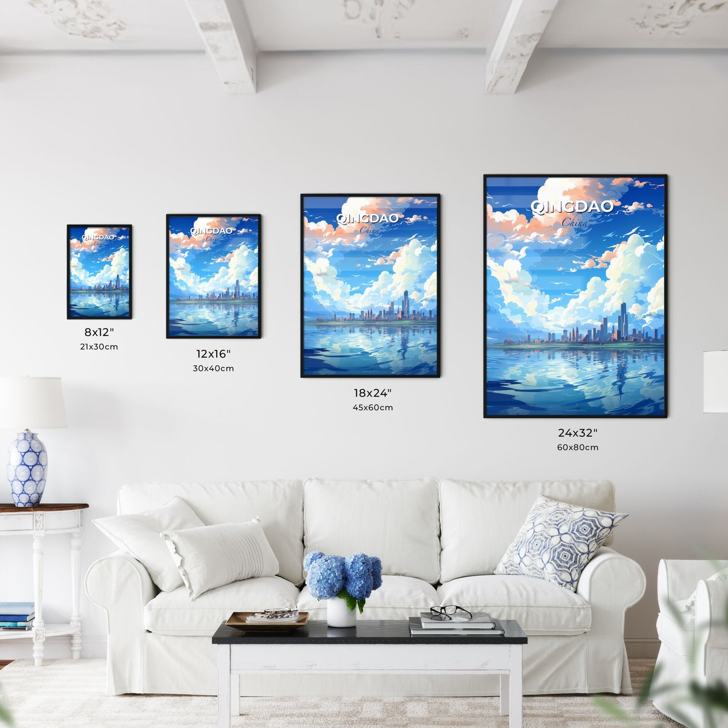 Vibrant Qingdao City Skyline Painting with Clouds and Sea Default Title