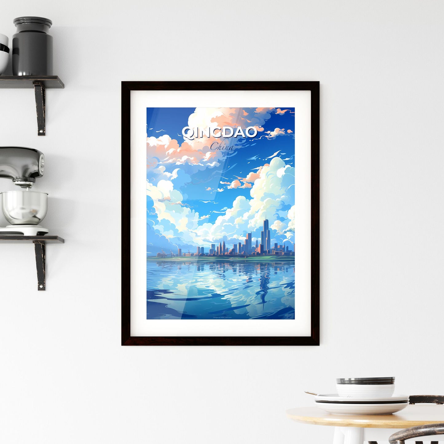 Vibrant Qingdao City Skyline Painting with Clouds and Sea Default Title