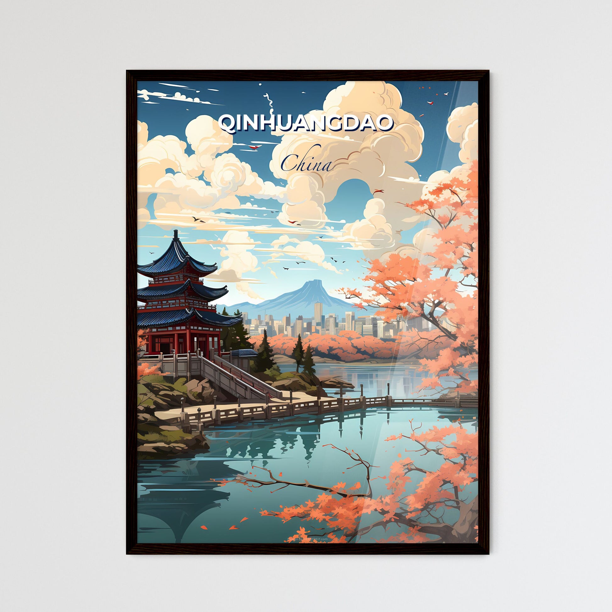 Vibrant Painting Qinhuangdao China Skyline Pagoda Lake Orange Trees Default Title