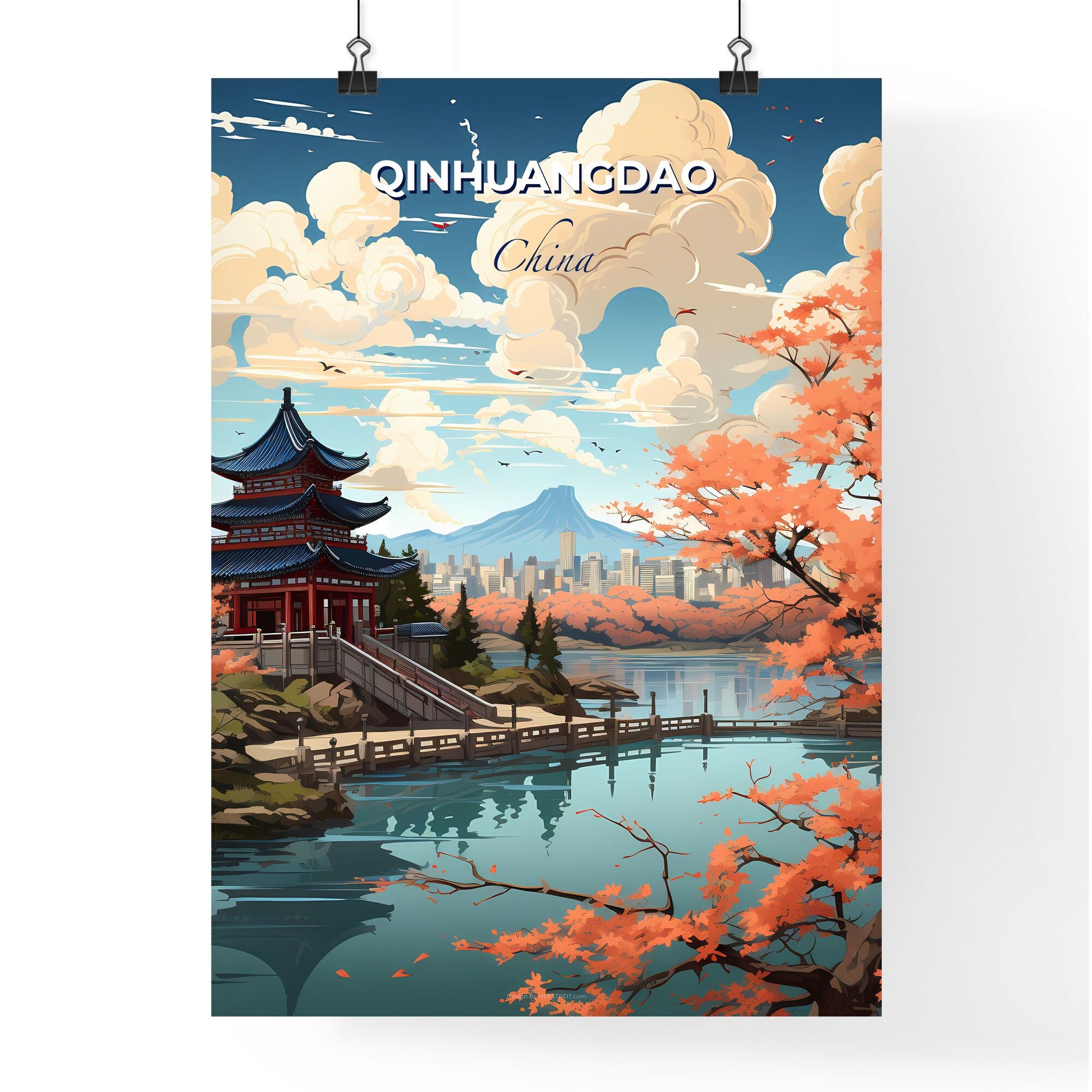 Vibrant Painting Qinhuangdao China Skyline Pagoda Lake Orange Trees Default Title