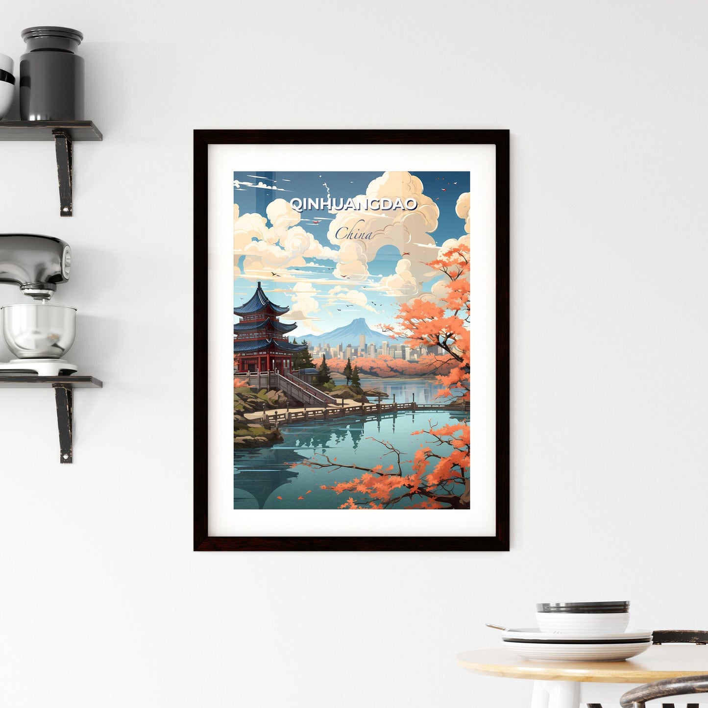 Vibrant Painting Qinhuangdao China Skyline Pagoda Lake Orange Trees Default Title