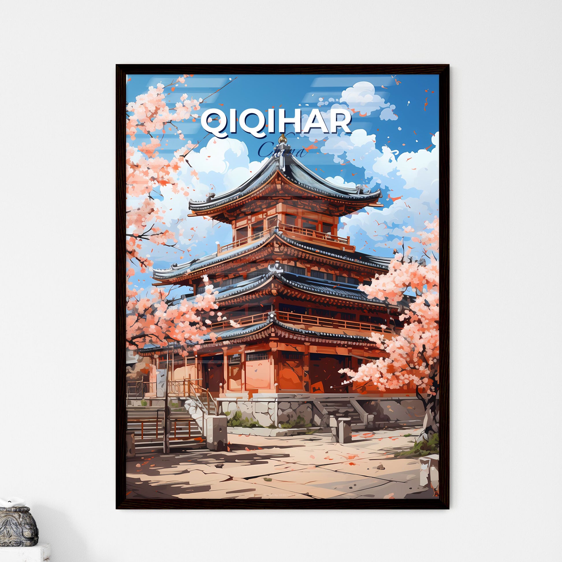 Vibrant Art Print of Qiqihar China City Skyline Depicting Colorful Building with Tree and Flowers Default Title