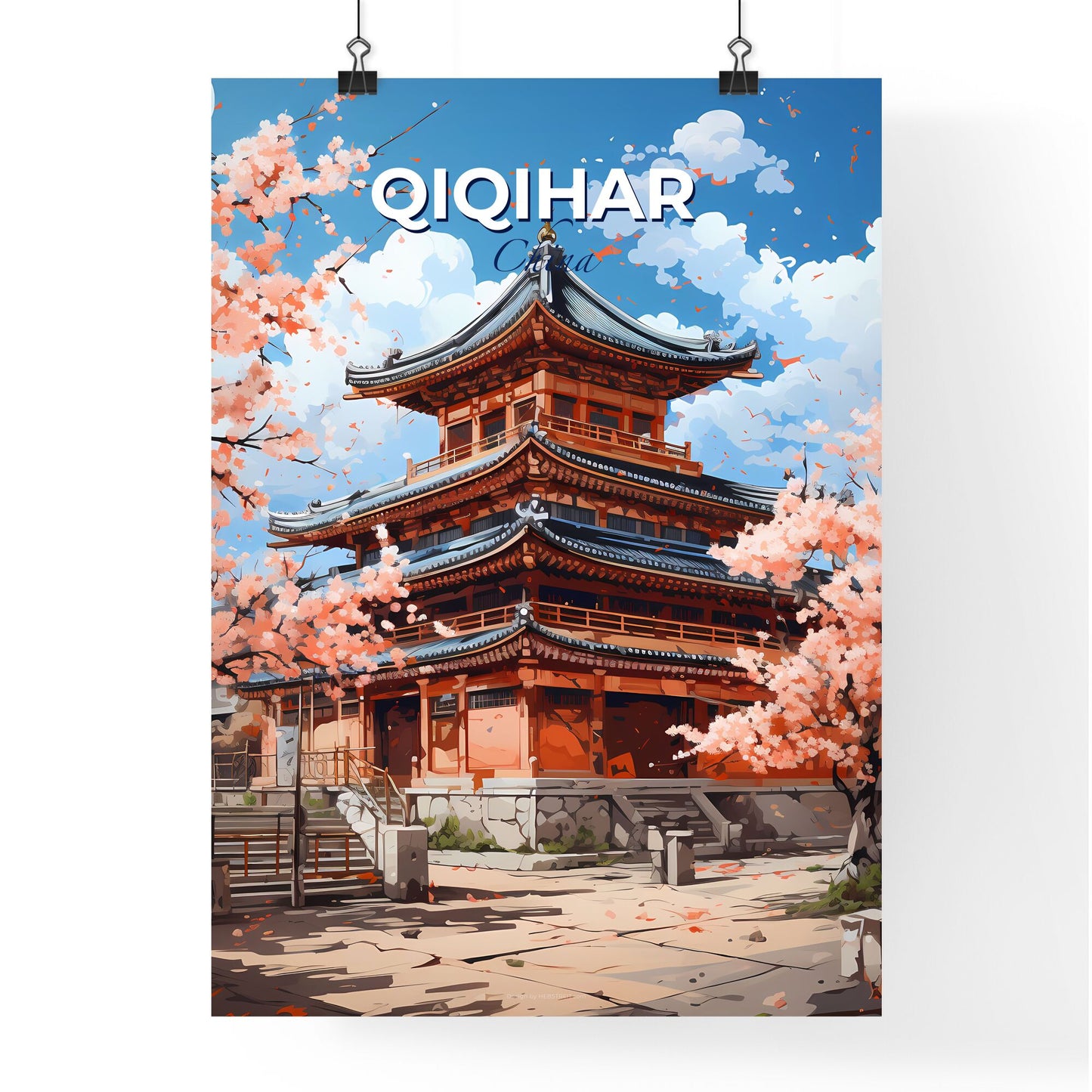 Vibrant Art Print of Qiqihar China City Skyline Depicting Colorful Building with Tree and Flowers Default Title