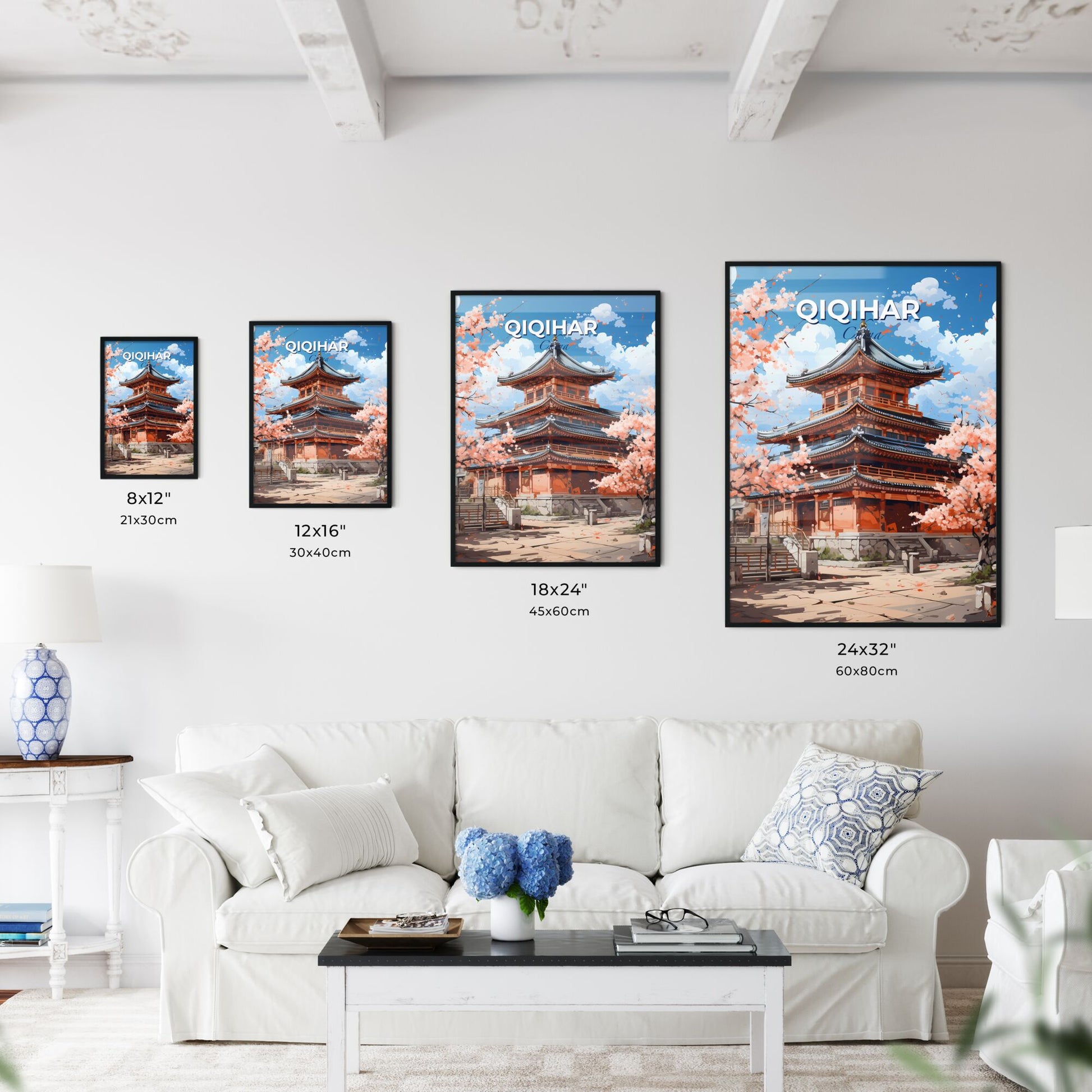 Vibrant Art Print of Qiqihar China City Skyline Depicting Colorful Building with Tree and Flowers Default Title