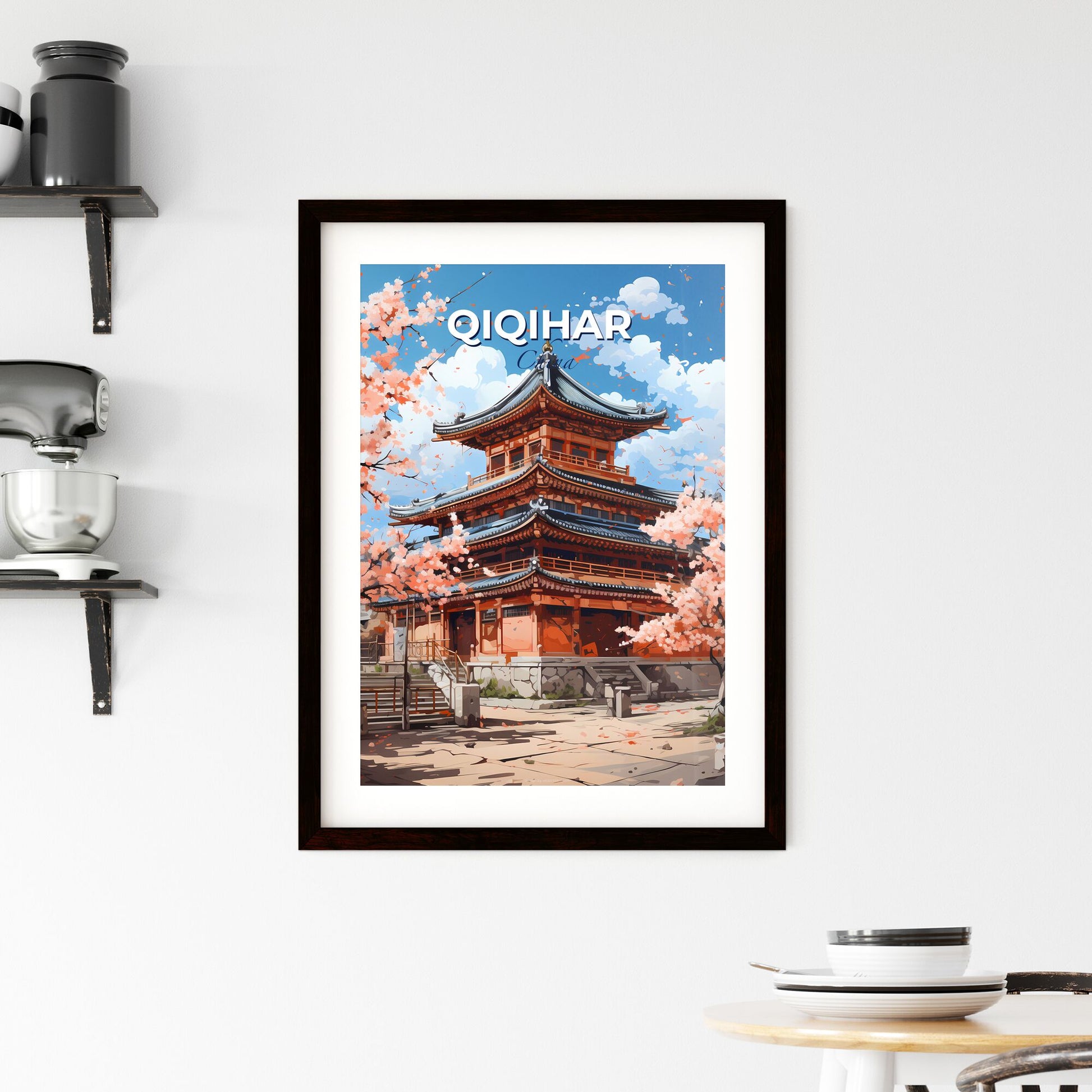 Vibrant Art Print of Qiqihar China City Skyline Depicting Colorful Building with Tree and Flowers Default Title