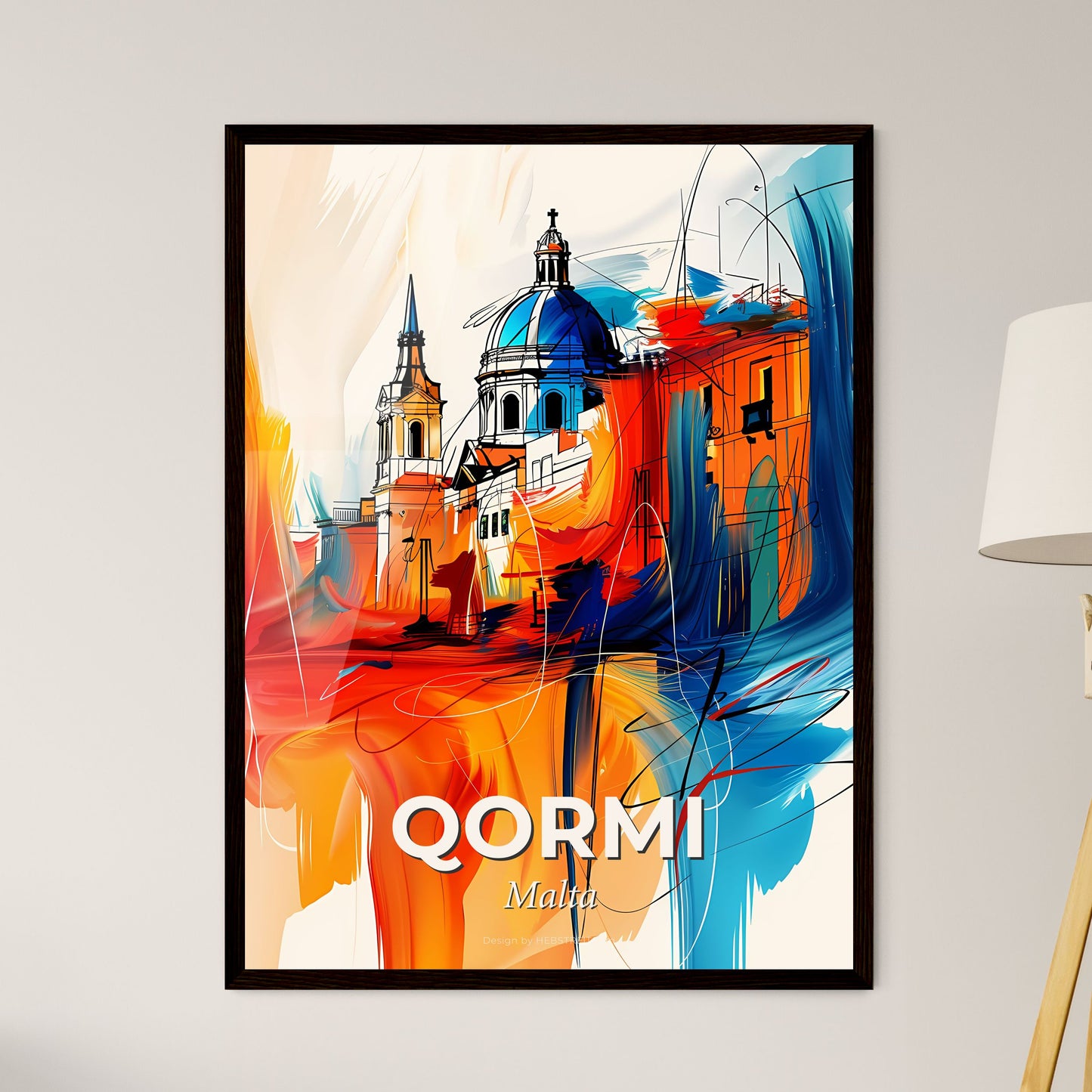 Vibrant  Qormi, Malta - A Painting Of A Building With A Dome And A Blue Sky