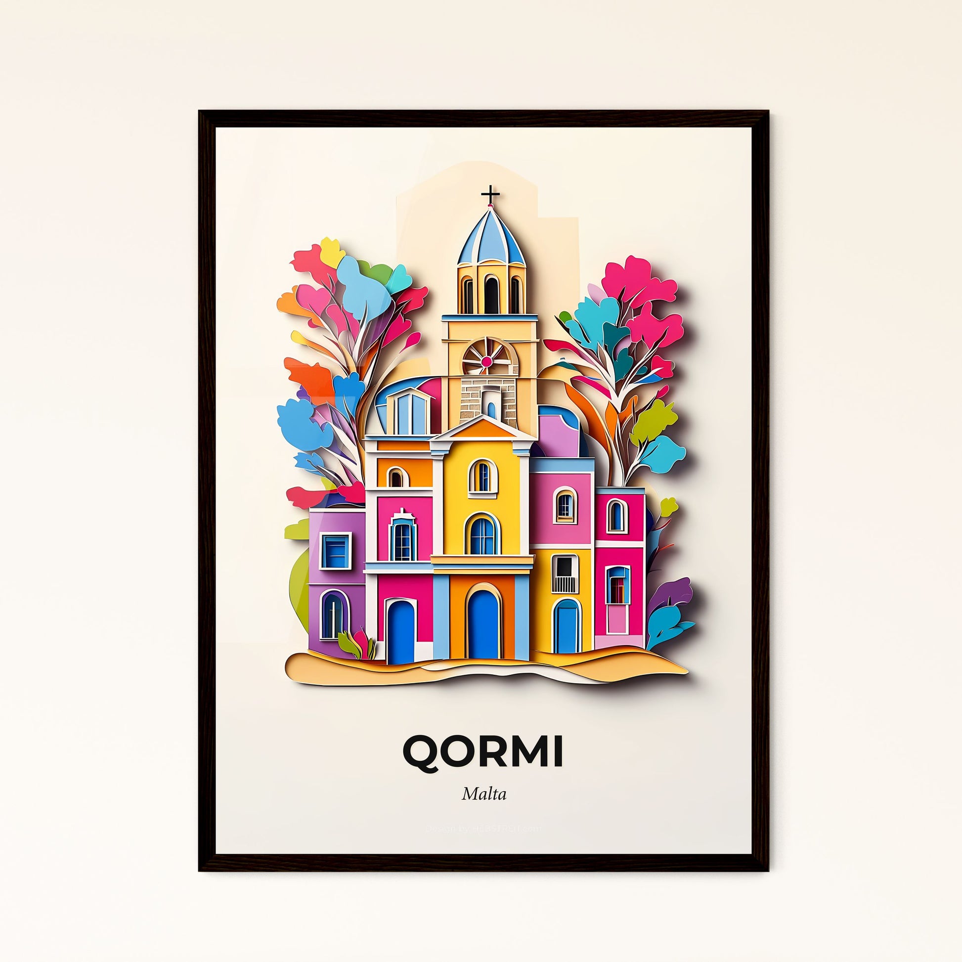 Vivid Qormi, Malta - a colorful building with a clock tower and trees