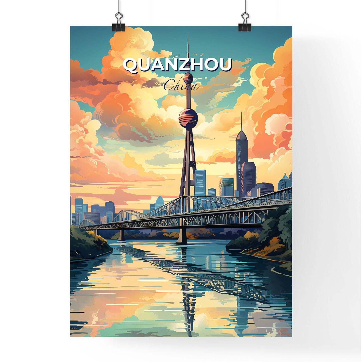 Vibrant City Skyline Painting of Quanzhou, China Featuring a River Bridge and Tower Default Title