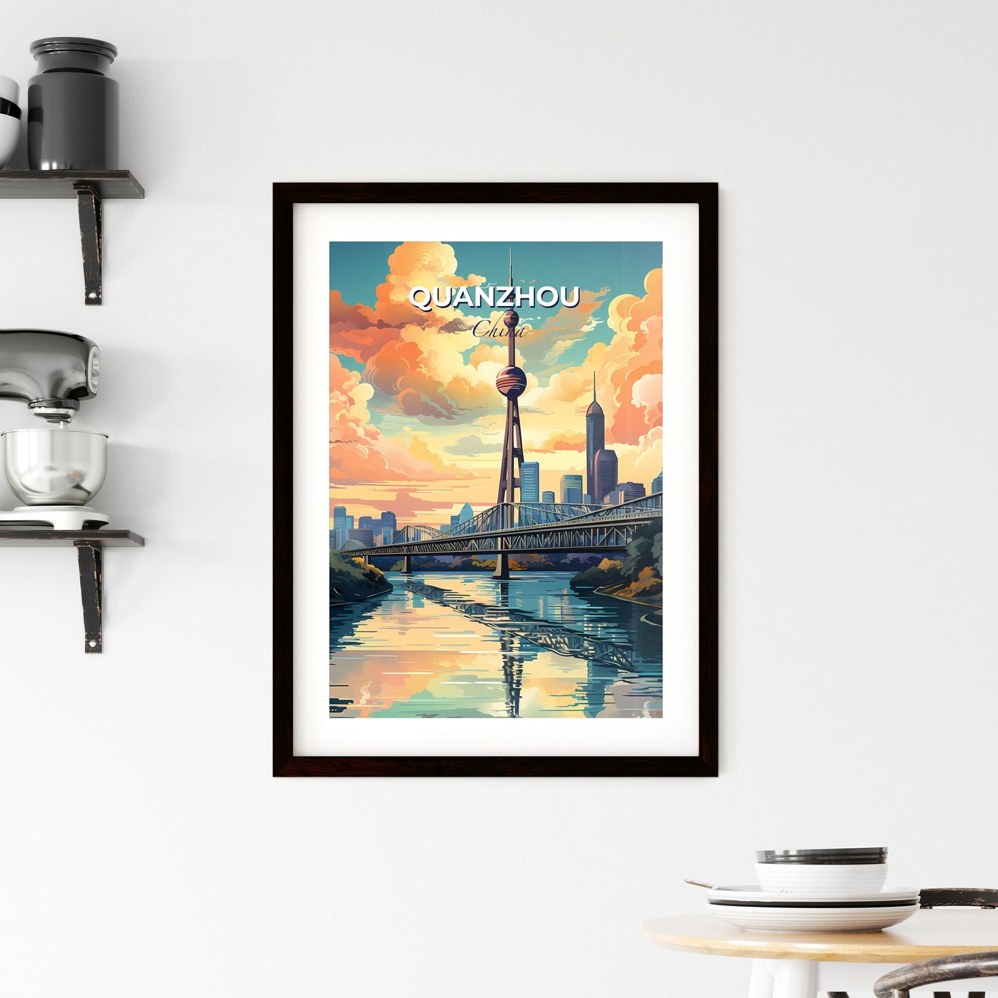 Vibrant City Skyline Painting of Quanzhou, China Featuring a River Bridge and Tower Default Title