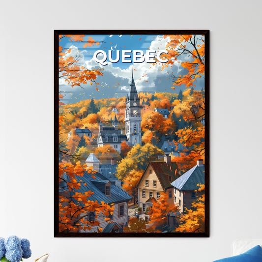 Vibrant Clock Tower Landscape Painting: Quebec, Canada Town Surrounded by Trees