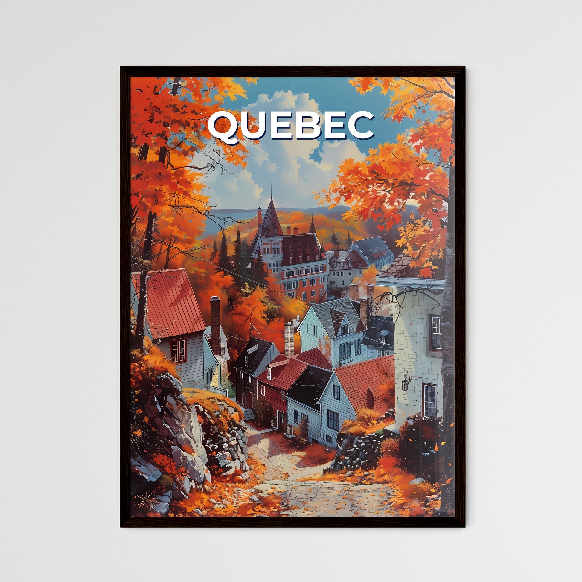 Abstract Digital Art Painting Landscape Autumn Quebec City Canada, Vibrant Orange Foliage, Colorful, Impressionist Style