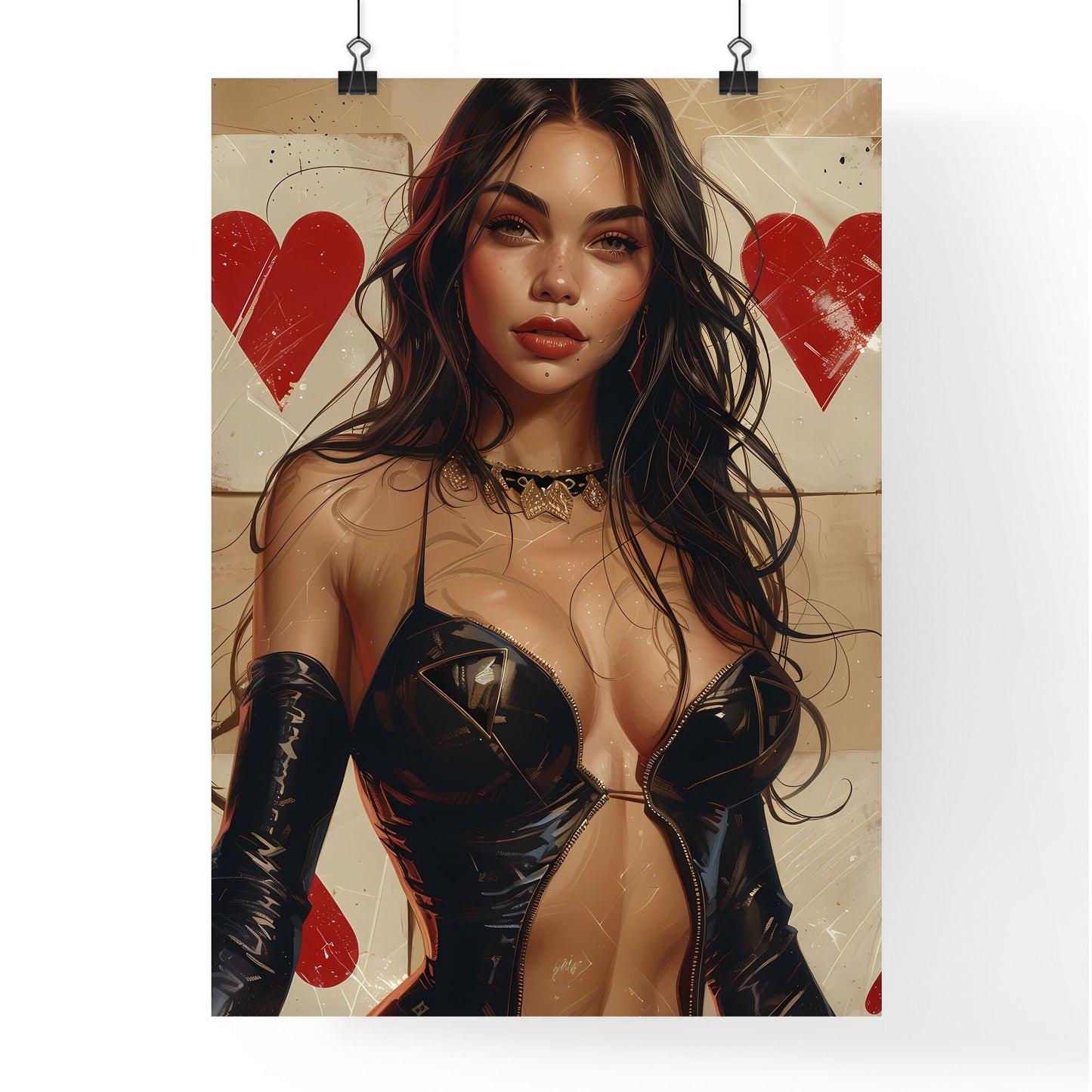 Marvelous Queen of Hearts Poker Card Art: Cute Teen Girl with Old Paper Backdrop in Black Dress Default Title