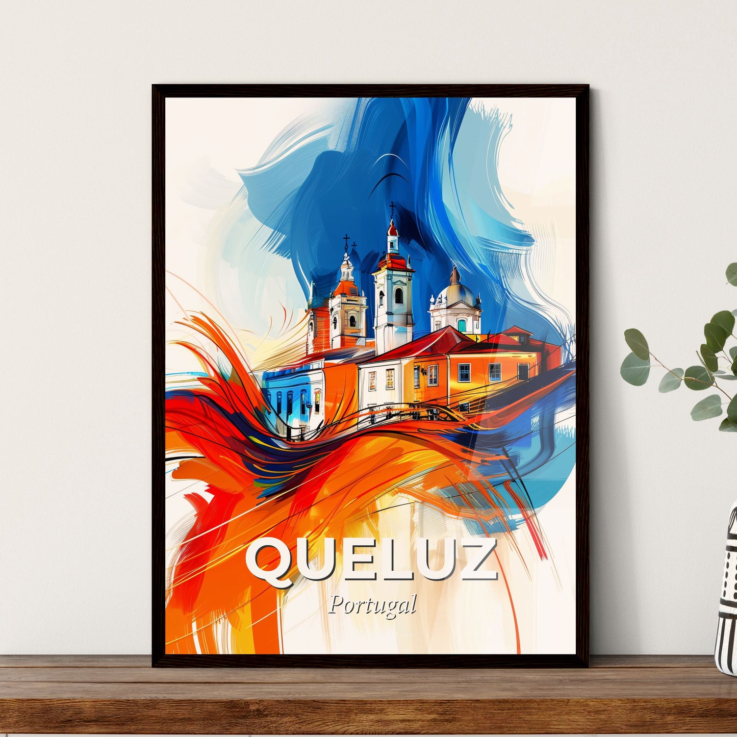 Vibrant Queluz, Portugal - A Painting Of A Building With A Colorful Background