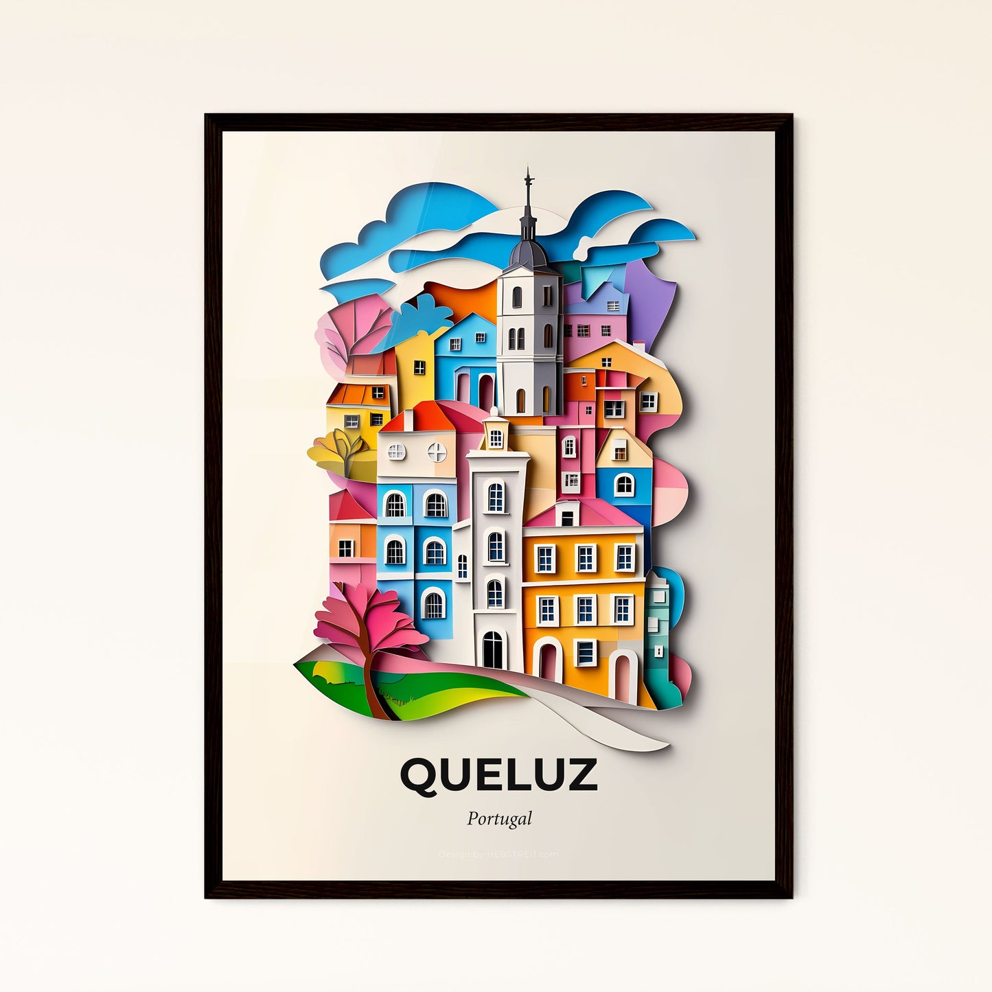 Vivid Queluz, Portugal - a paper cut of a city with a clock tower