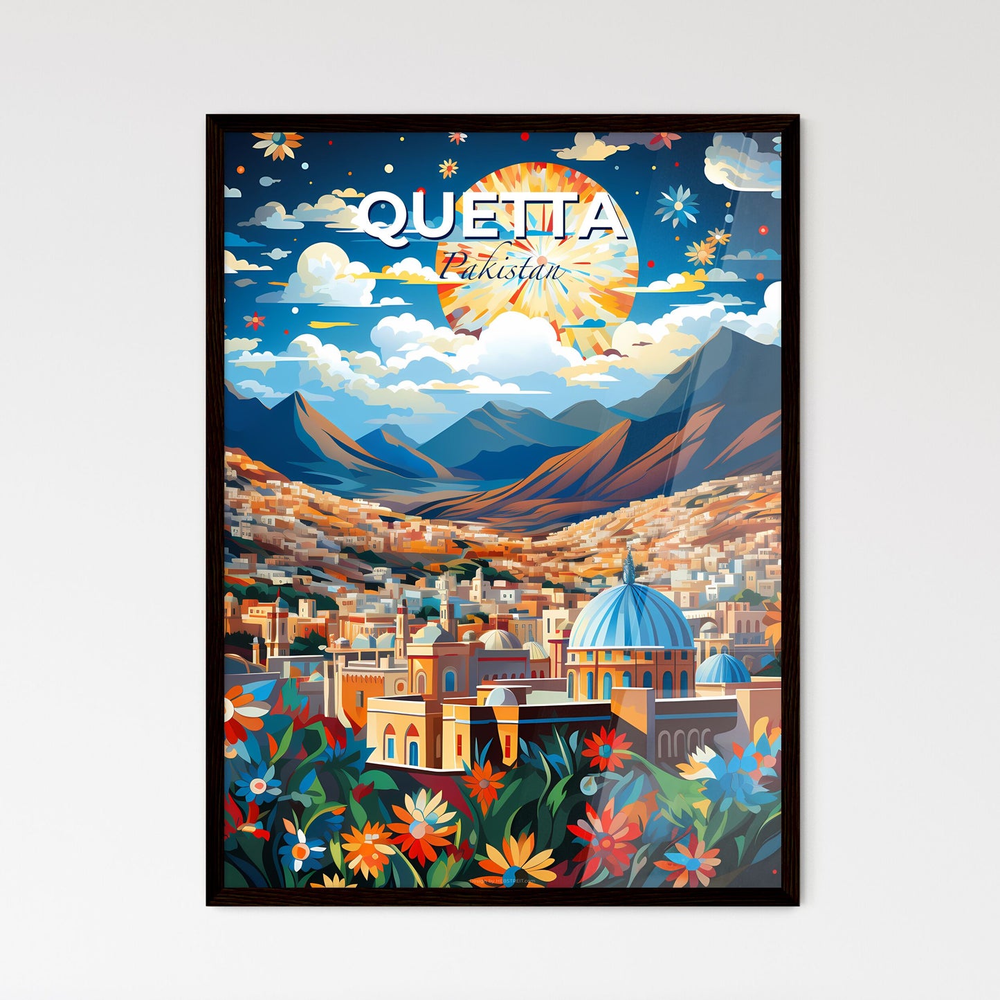 Quetta Skyline Vibrant Art: Landscape of Buildings, Mountains, and Flowers Default Title