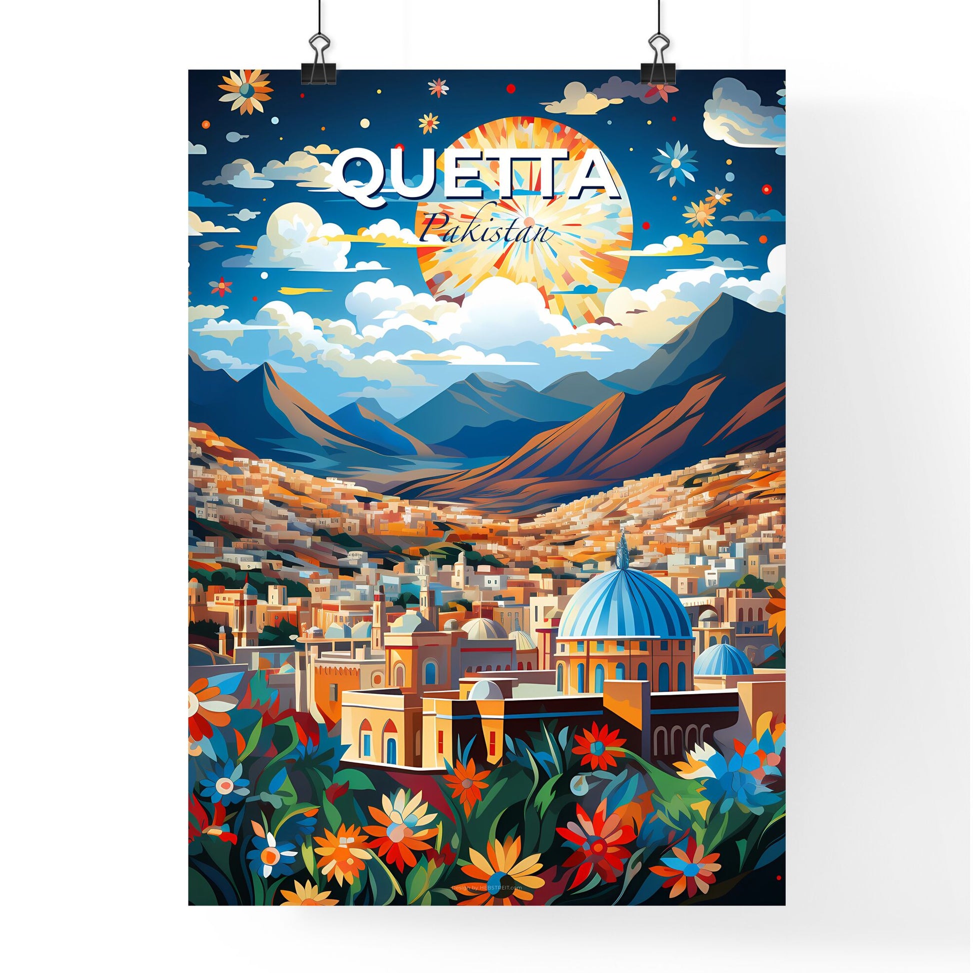 Quetta Skyline Vibrant Art: Landscape of Buildings, Mountains, and Flowers Default Title