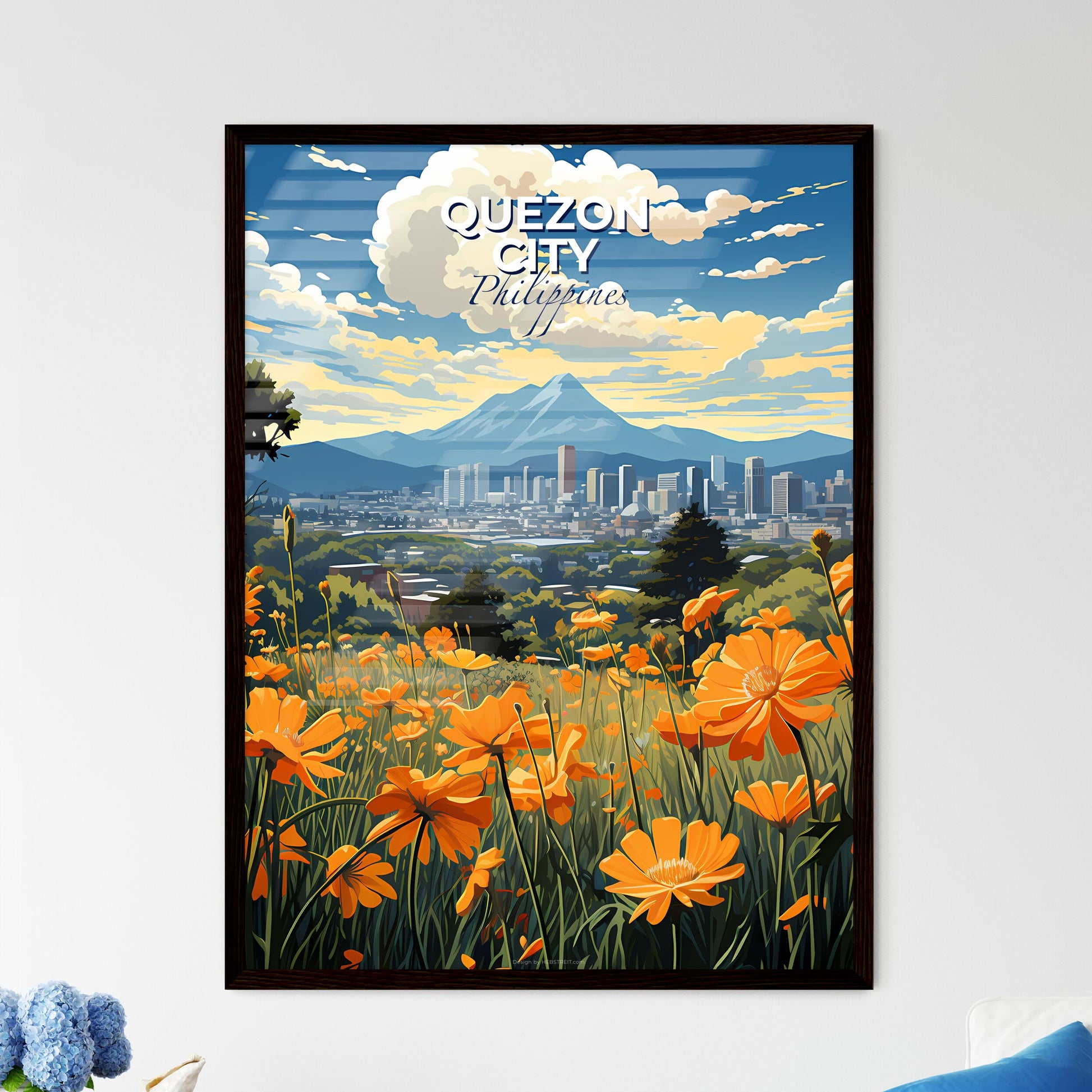 Vibrant Abstract Cityscape Artwork Depicting Orange Flower Field and Philippine City Skyline Default Title