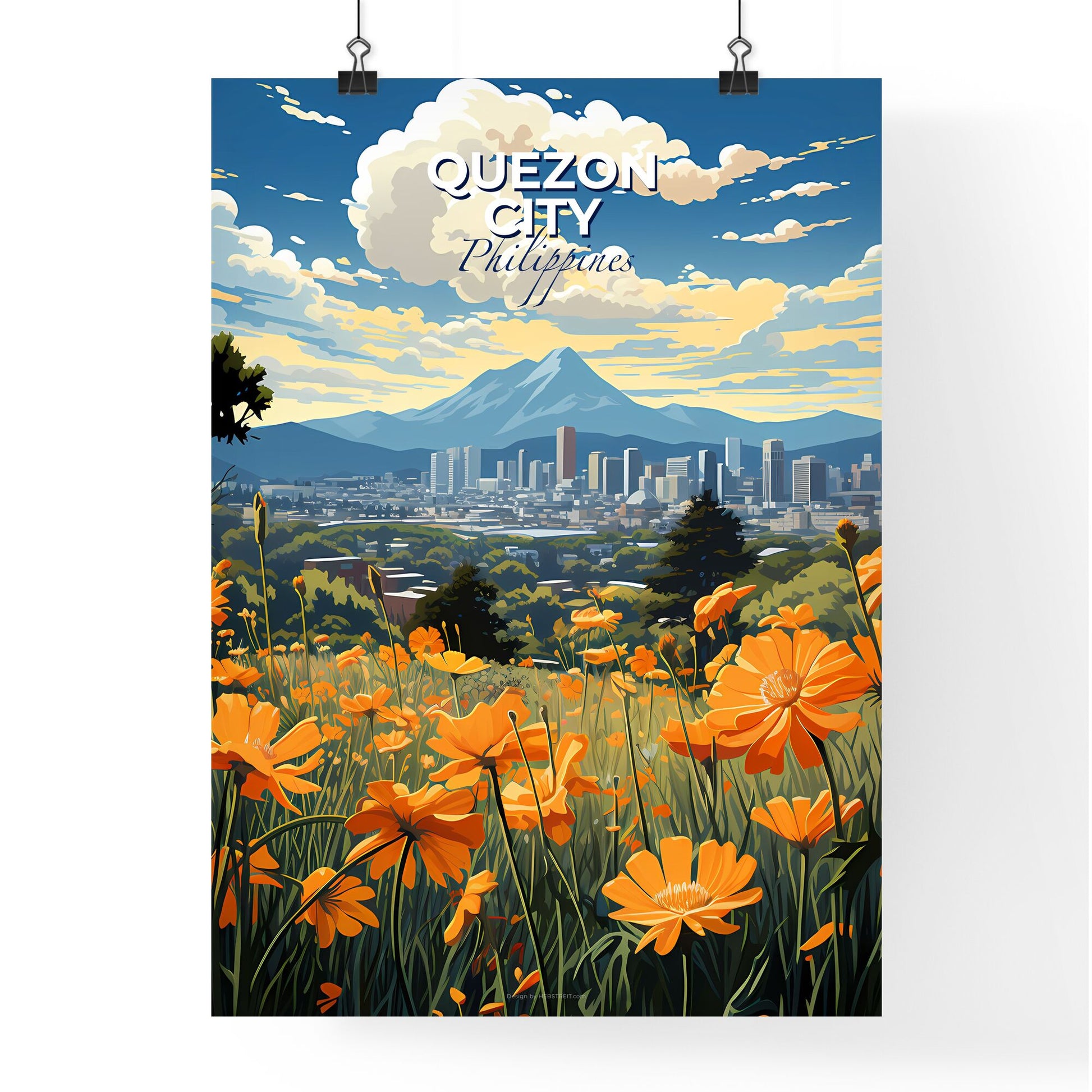 Vibrant Abstract Cityscape Artwork Depicting Orange Flower Field and Philippine City Skyline Default Title