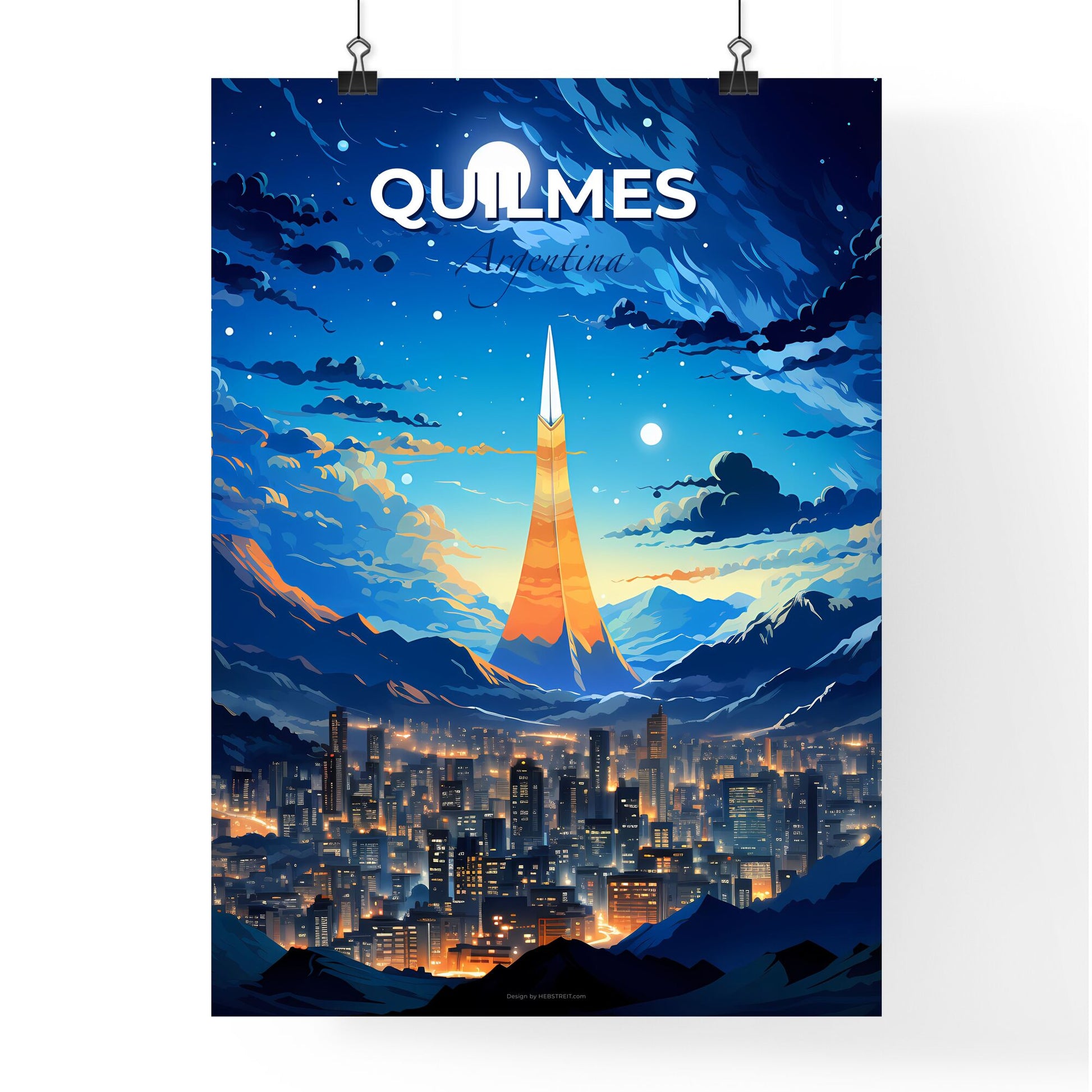 Colorful Cityscape Painting of Quilmes, Argentina with Historic Tower and Majestic Andes Mountains Default Title