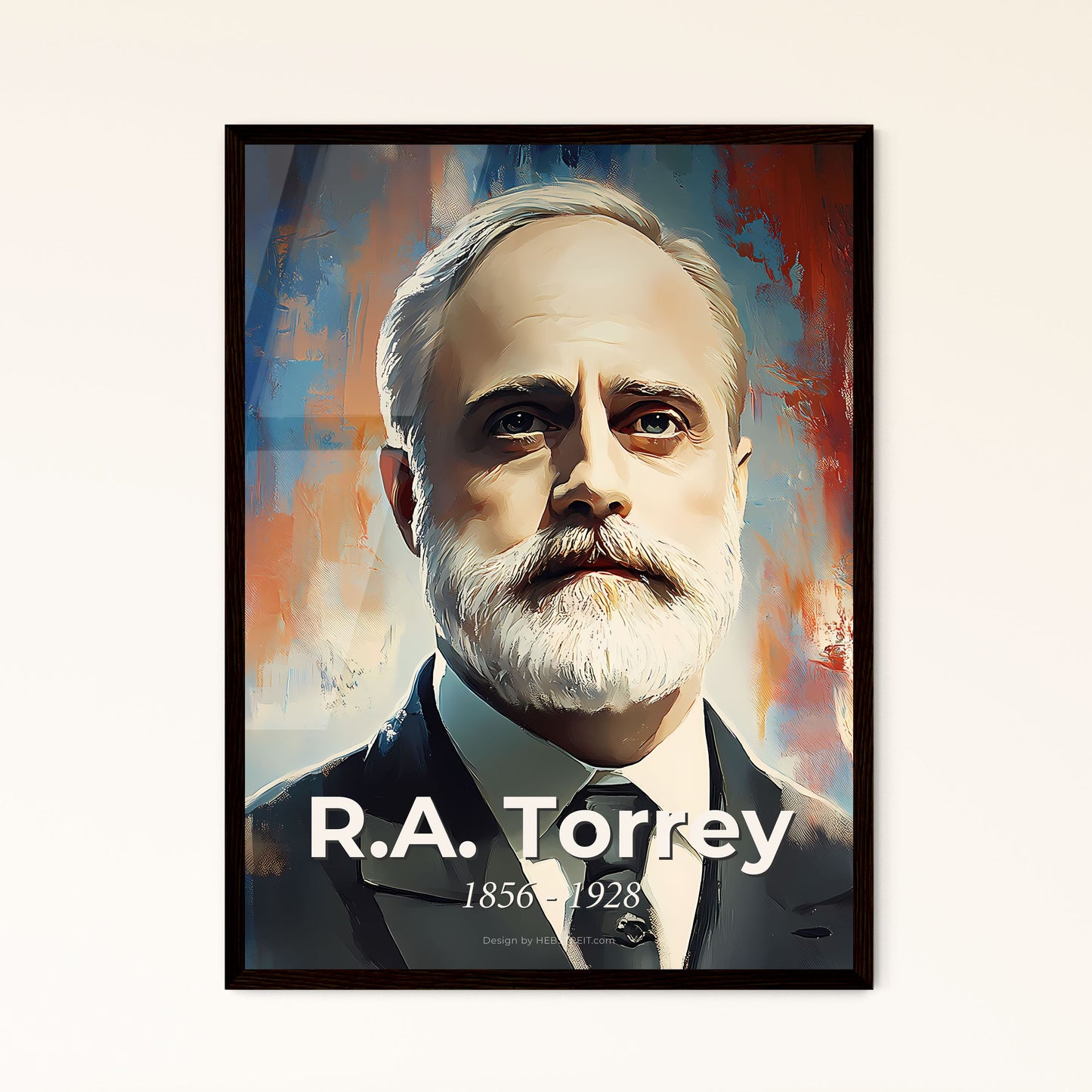 Portrait of R.A. Torrey, 1856 - 1928. Impressionistic painting of a man with a white beard and mustache in a suit.