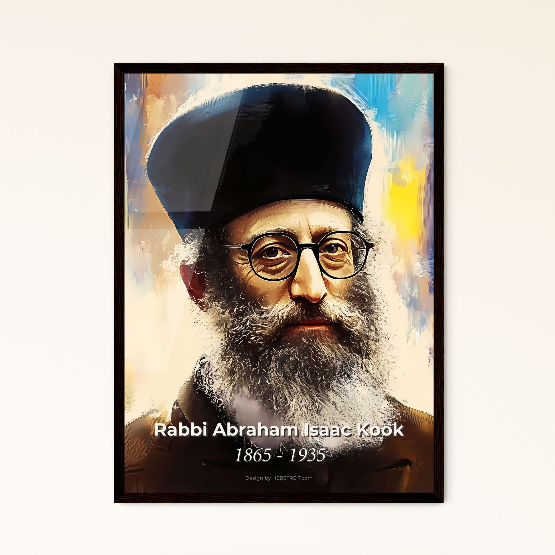 Portrait of Rabbi Abraham Isaac Kook, 1865 - 1935. Impressionistic painting of a man with a beard and glasses.