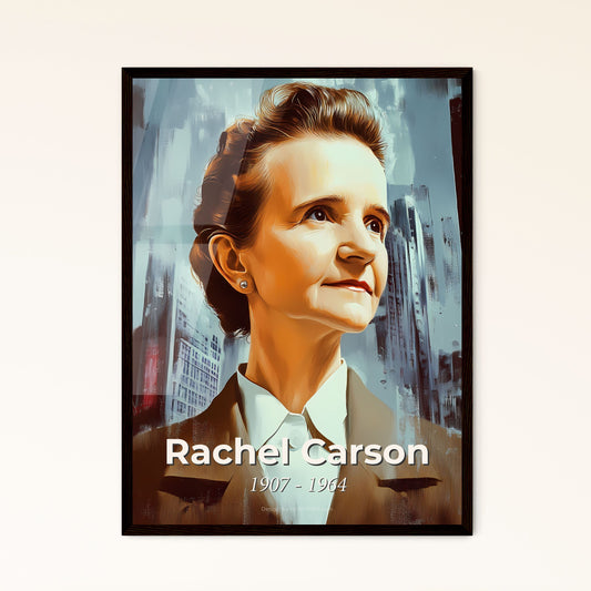 Portrait of Rachel Carson, 1907 - 1964. Impressionistic painting of a woman looking up in a city.