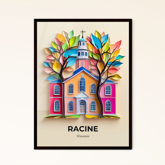 Vivid Racine, Wisconsin - a paper cut of a church with trees