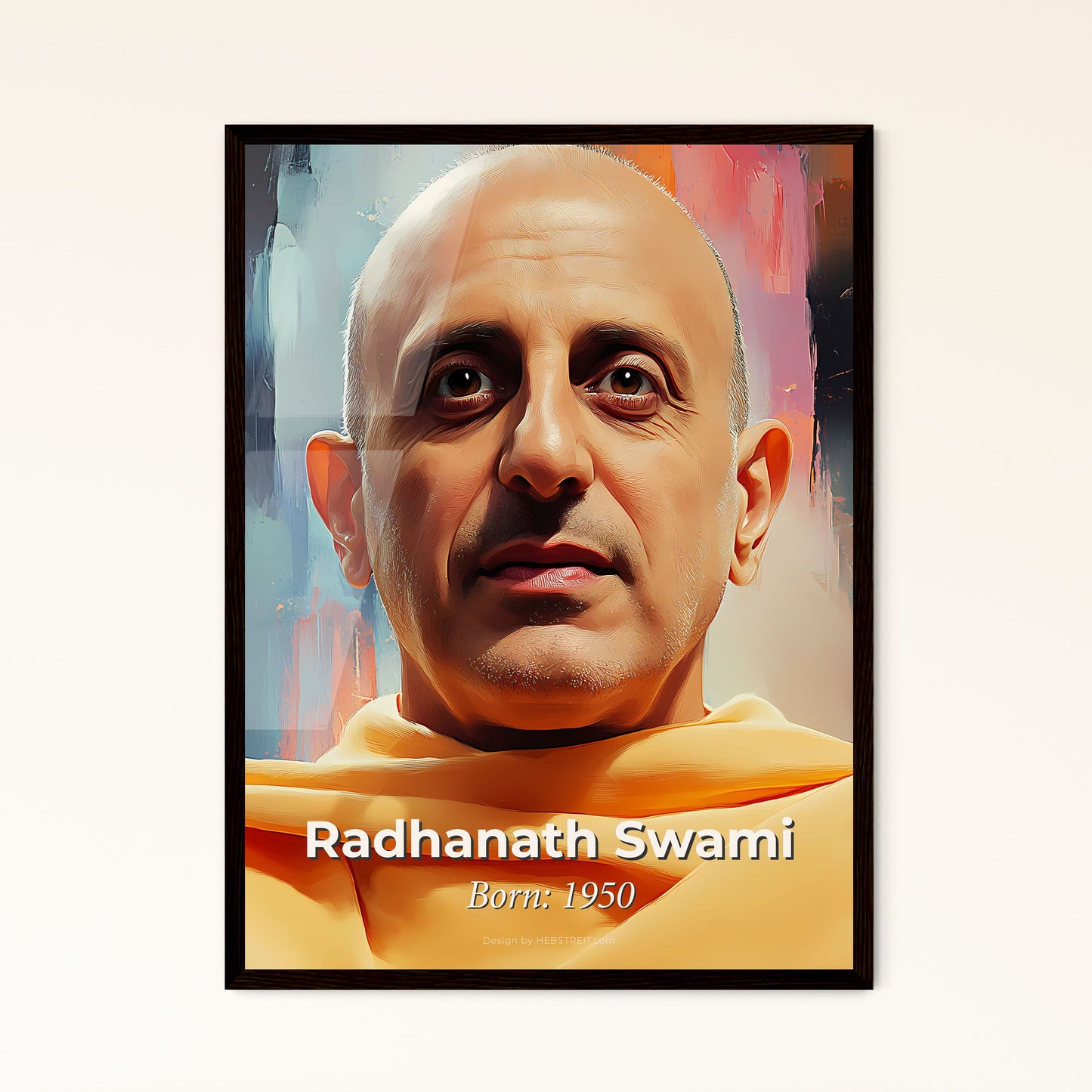 Portrait of Radhanath Swami, Born: 1950. Impressionistic painting of a man in a yellow robe.