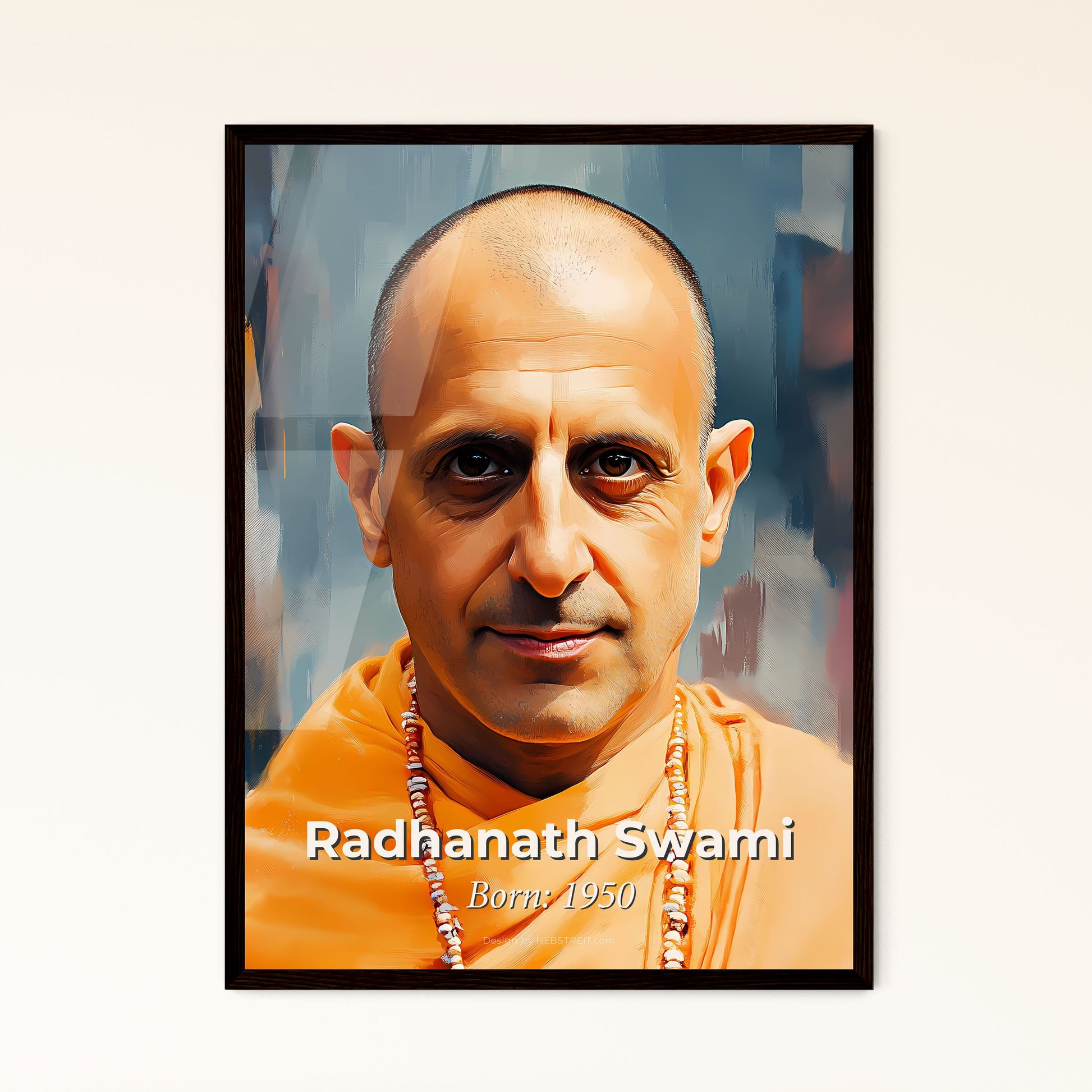 Portrait of Radhanath Swami, Born: 1950. Impressionistic painting of a man in an orange robe.