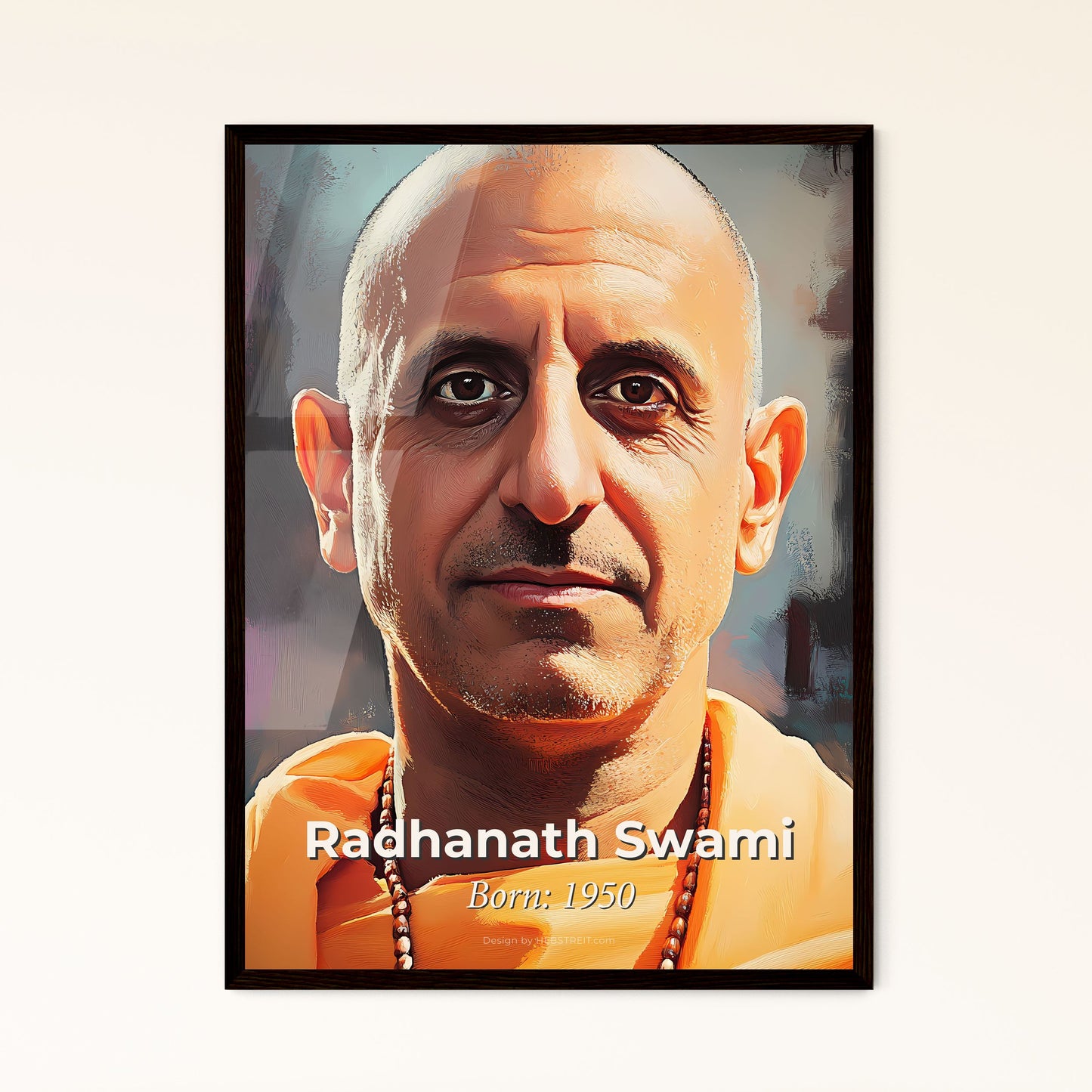 Portrait of Radhanath Swami, Born: 1950. Impressionistic painting of a man in an orange robe.