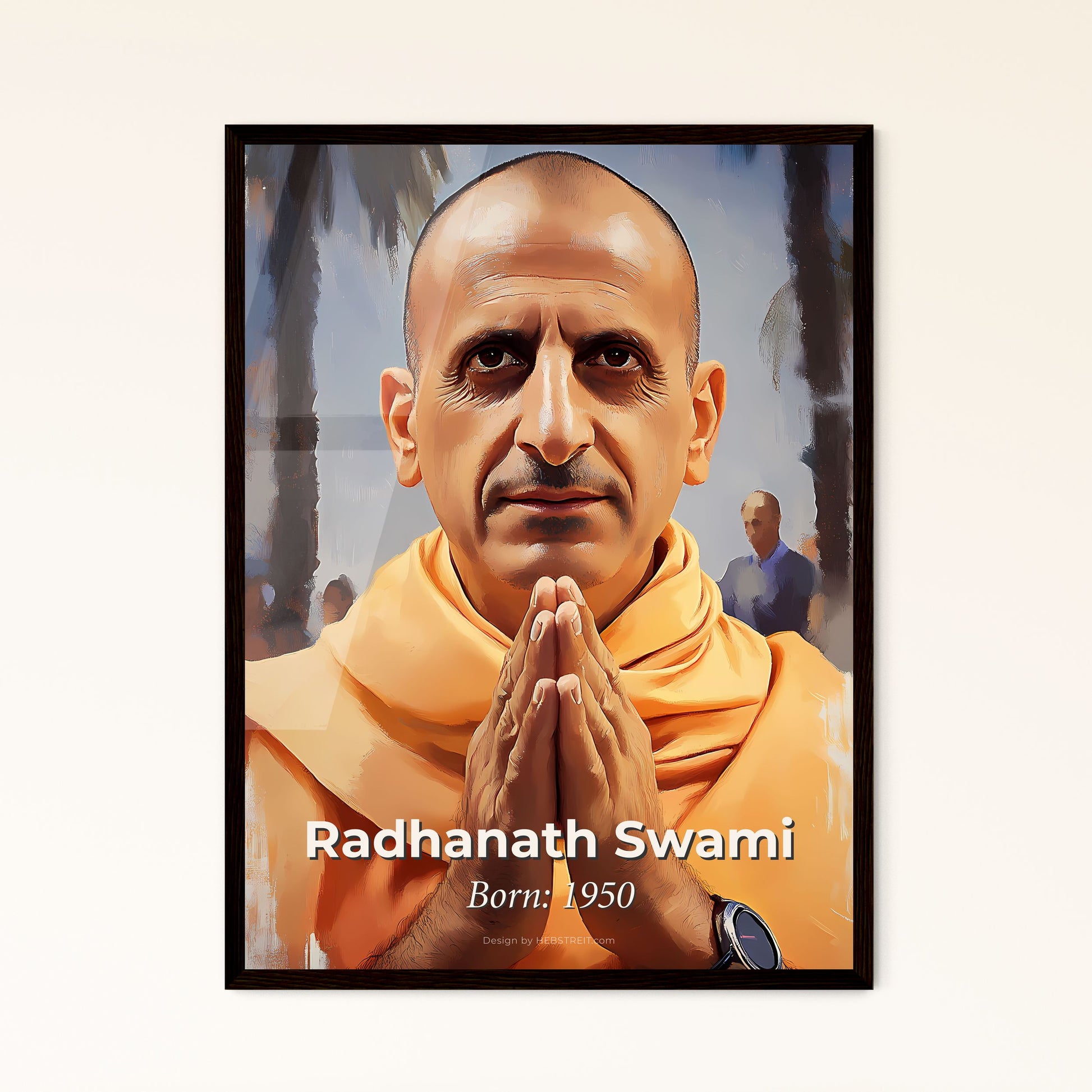 Portrait of Radhanath Swami, Born: 1950. Impressionistic painting of a man in a yellow robe with his hands together.