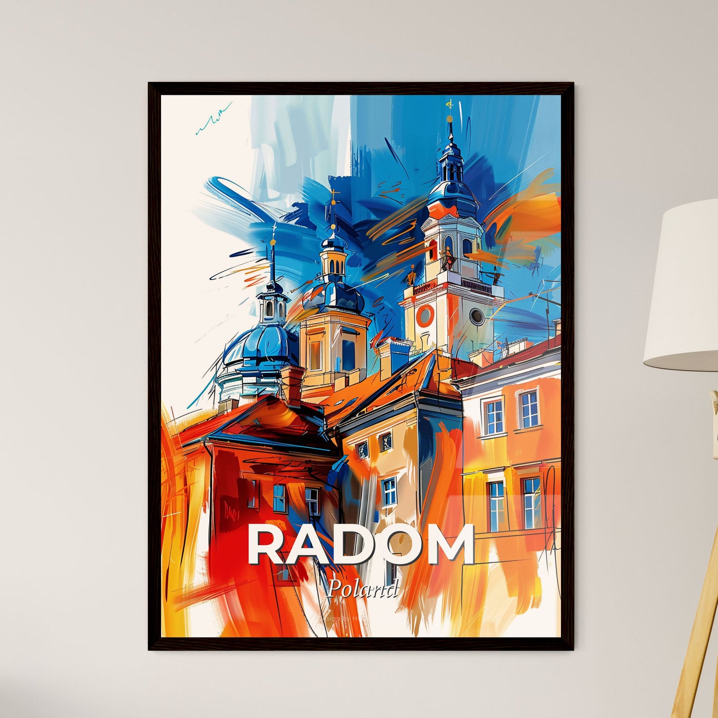 Vibrant Radom, Poland - A Painting Of A Building With A Tower And Towers