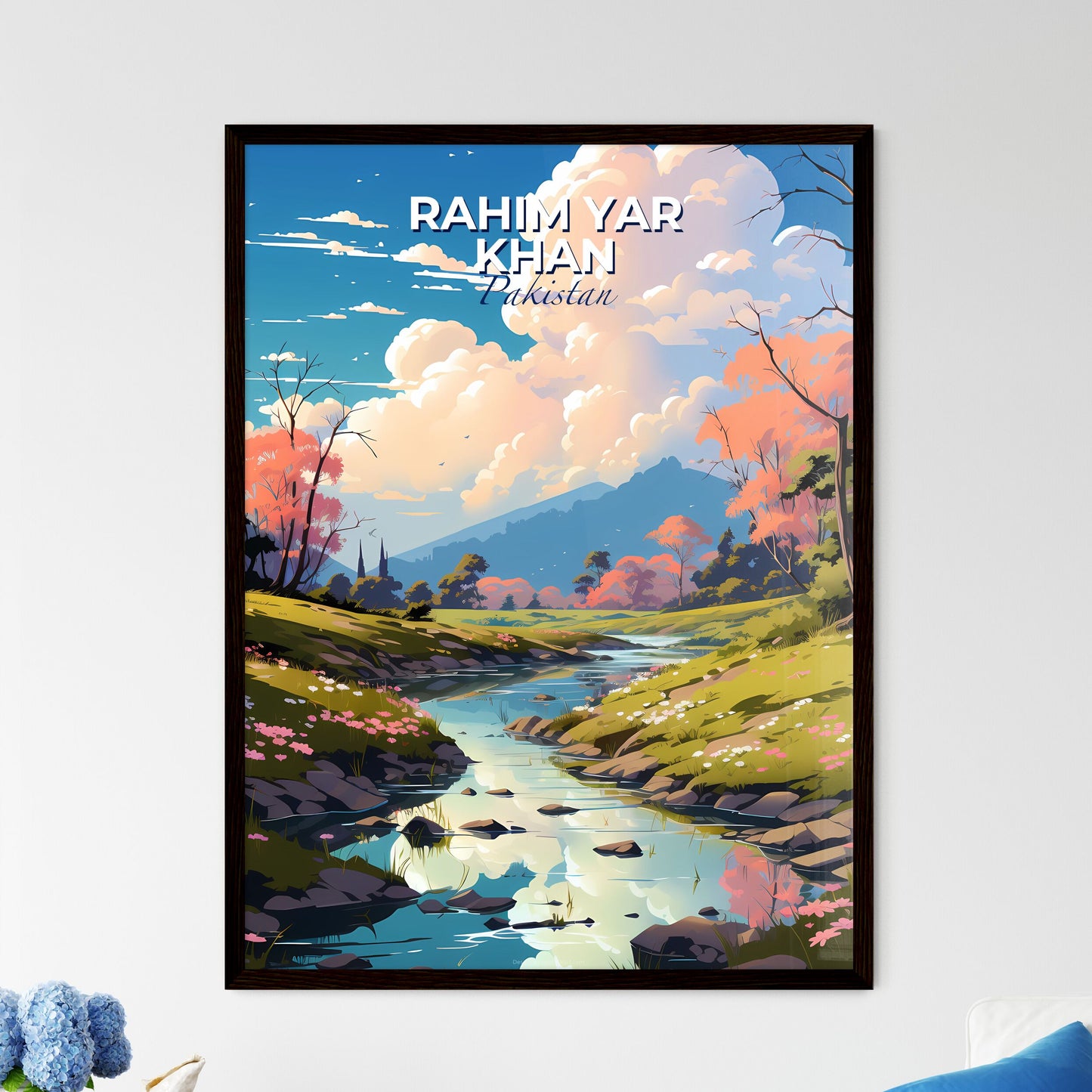 Vibrant Art Painting of Rahim Yar Khan Pakistan River Skyline with Valley Flowers and Trees Default Title