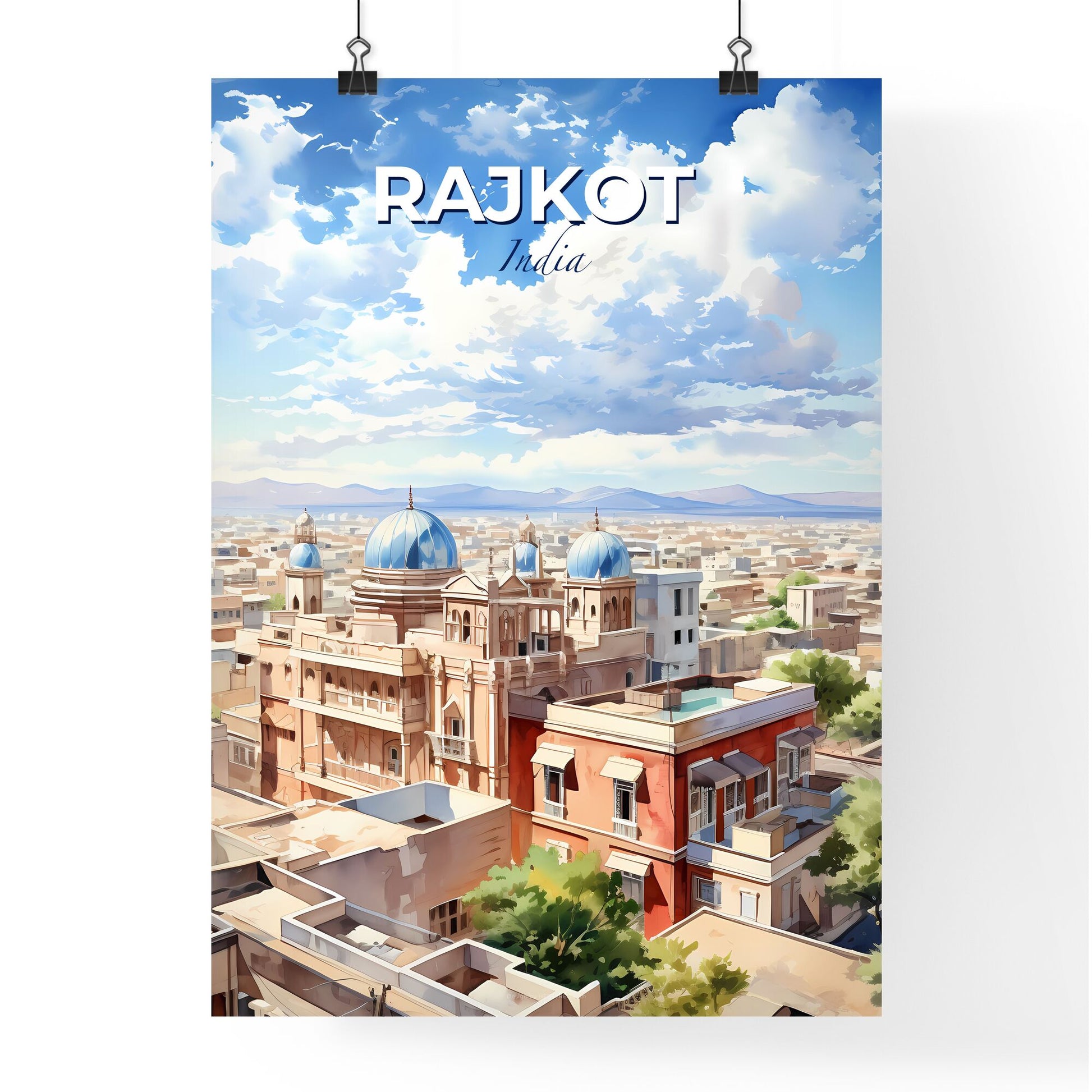 Rajkot City India Skyline Vibrant Painting with Modern Buildings and Lush Greenery Default Title